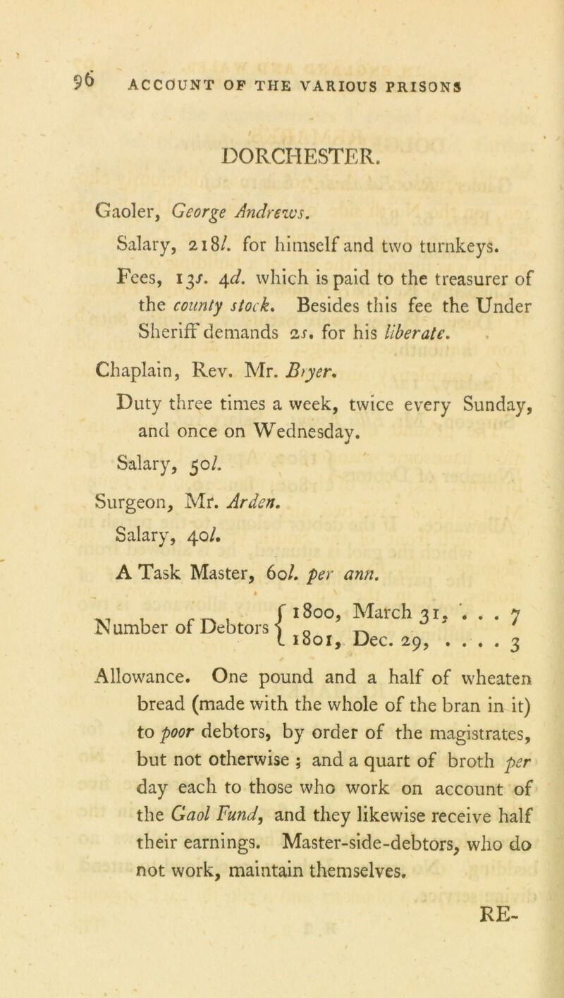 / DORCHESTER. Gaoler, George Andrews. Salary, 218/. for himself and two turnkeys. Fees, 13/. 4d. which is paid to the treasurer of the county stock. Besides this fee the Under Sheriff demands is. for his liberate. Chaplain, Rev. Mr. B>yer. Duty three times a week, twice every Sunday, and once on Wednesday. Salary, 50/. Surgeon, Mr. Arden. Salary, 40/. A Task Master, 60/. per anti. Number of Debtors { 1800, March 31, . 1801, Dec. 29, . . 7 3 Allowance. One pound and a half of wheaten bread (made with the whole of the bran in it) to poor debtors, by order of the magistrates, but not otherwise ; and a quart of broth per day each to those who work on account of the Gaol Fund, and they likewise receive half their earnings. Master-side-debtors, who do not work, maintain themselves.