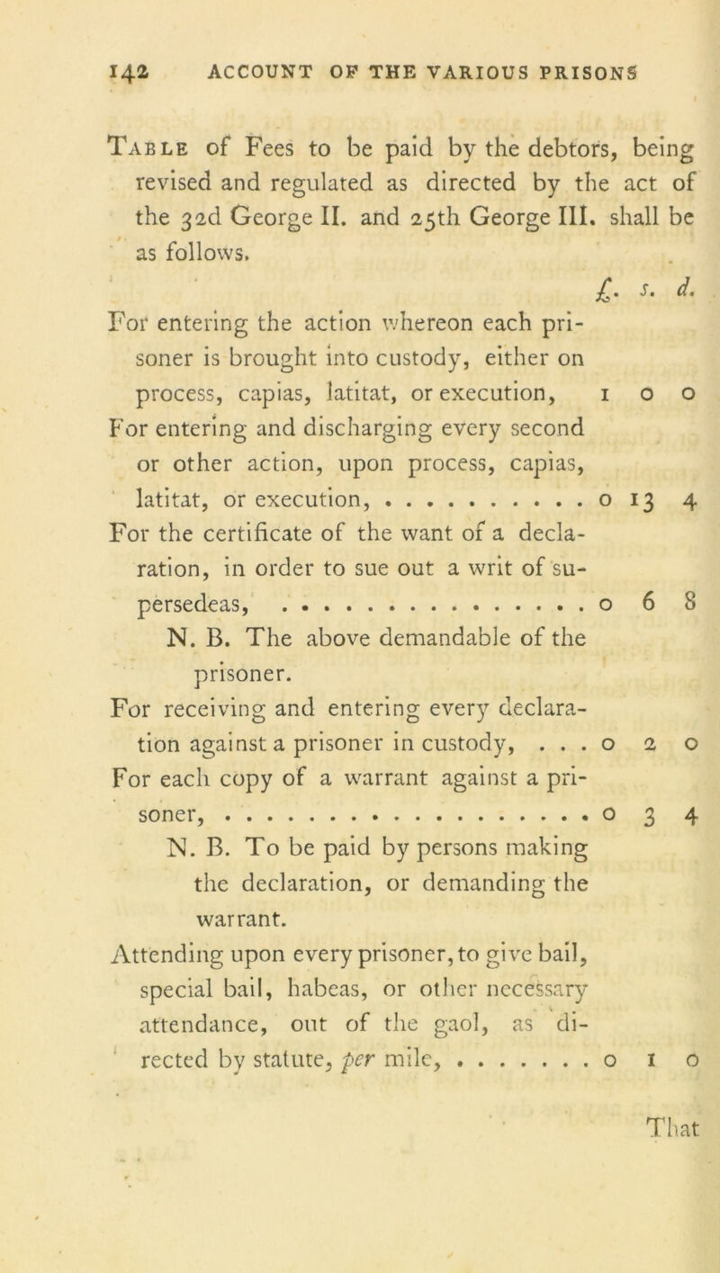 Table of Fees to be paid by the debtors, being revised and regulated as directed by the act of the 3ad George II. and 25th George III. shall be as follows. £. s. d. For entering the action whereon each pri- soner is brought into custody, either on process, capias, latitat, or execution, 100 For entering and discharging every second or other action, upon process, capias, latitat, or execution, 013 4 For the certificate of the want of a decla- ration, in order to sue out a writ of su- persedeas, o 6 8 N. B. The above demandable of the prisoner. For receiving and entering every declara- tion against a prisoner in custody, . . . o 2 o For each copy of a warrant against a pri- soner, o 3 4 N. B. To be paid by persons making the declaration, or demanding the warrant. Attending upon every prisoner, to give bail, special bail, habeas, or other necessary \ m attendance, out of the gaol, as di- rected by statute, per mile, o 1 o That