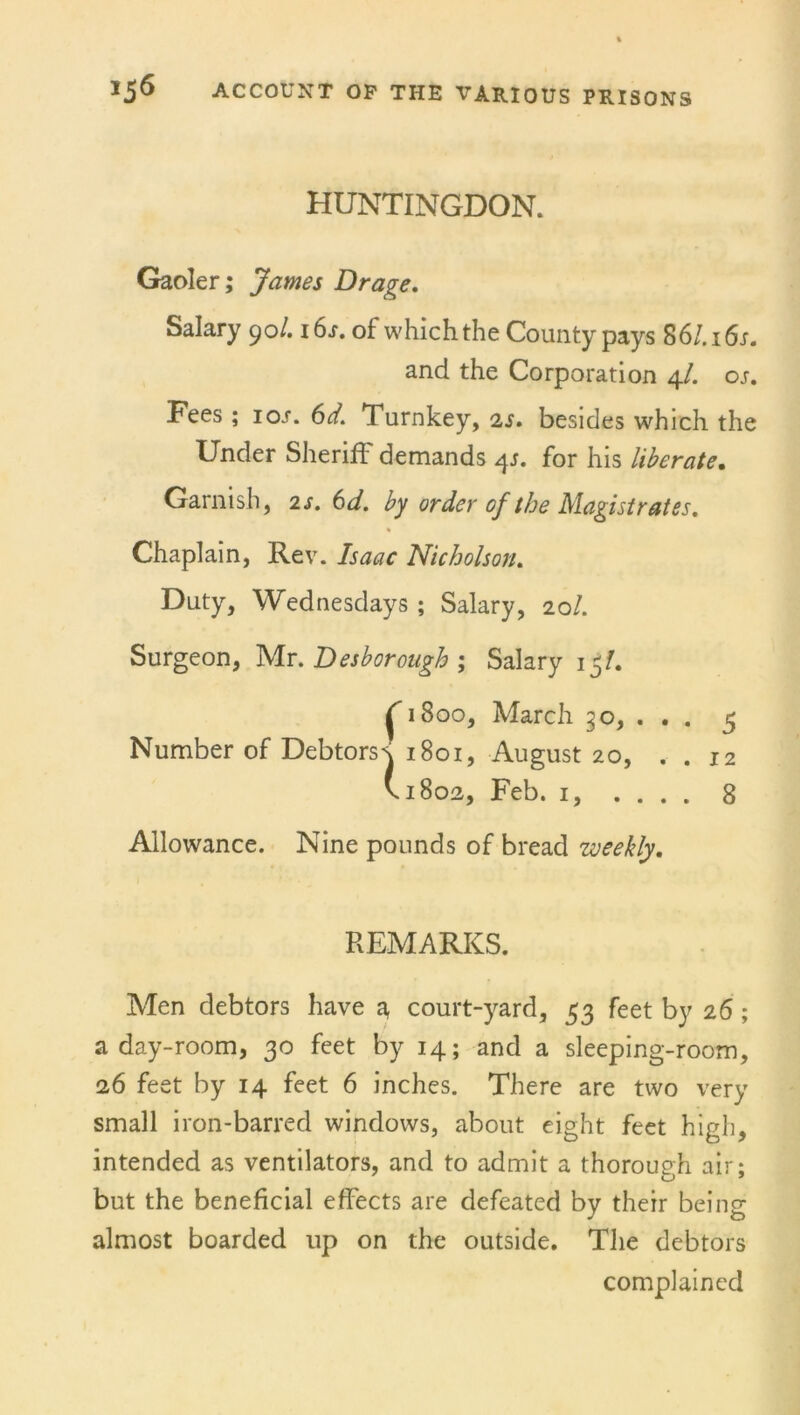 HUNTINGDON. Gaoler; James Dr age. Salary 90/. 16s. of whichthe County pays 86/.i6j. and the Corporation 4/. os. Fees ; ior. 6d, Turnkey, is, besides which the Under Sheriff demands 4s. for his liberate. Garnish, 2 s. 6d. by order of the Magistrates, % Chaplain, Rev. Isaac Nicholson, Duty, Wednesdays ; Salary, 20/. Surgeon, Mr. Desborough ; Salary 15/. j'TSoo, March 30, . . . 4 Number of Debtors\ 1801, August 20, . . 12 vi 802, Feb. 1, .... 8 Allowance. Nine pounds of bread weekly, REMARKS. Men debtors have a court-yard, 53 feet by 26; a day-room, 30 feet by 14; and a sleeping-room, 26 feet by 14 feet 6 inches. There are two very small iron-barred windows, about eight feet high, intended as ventilators, and to admit a thorough air; but the beneficial effects are defeated by their being almost boarded up on the outside. The debtors complained