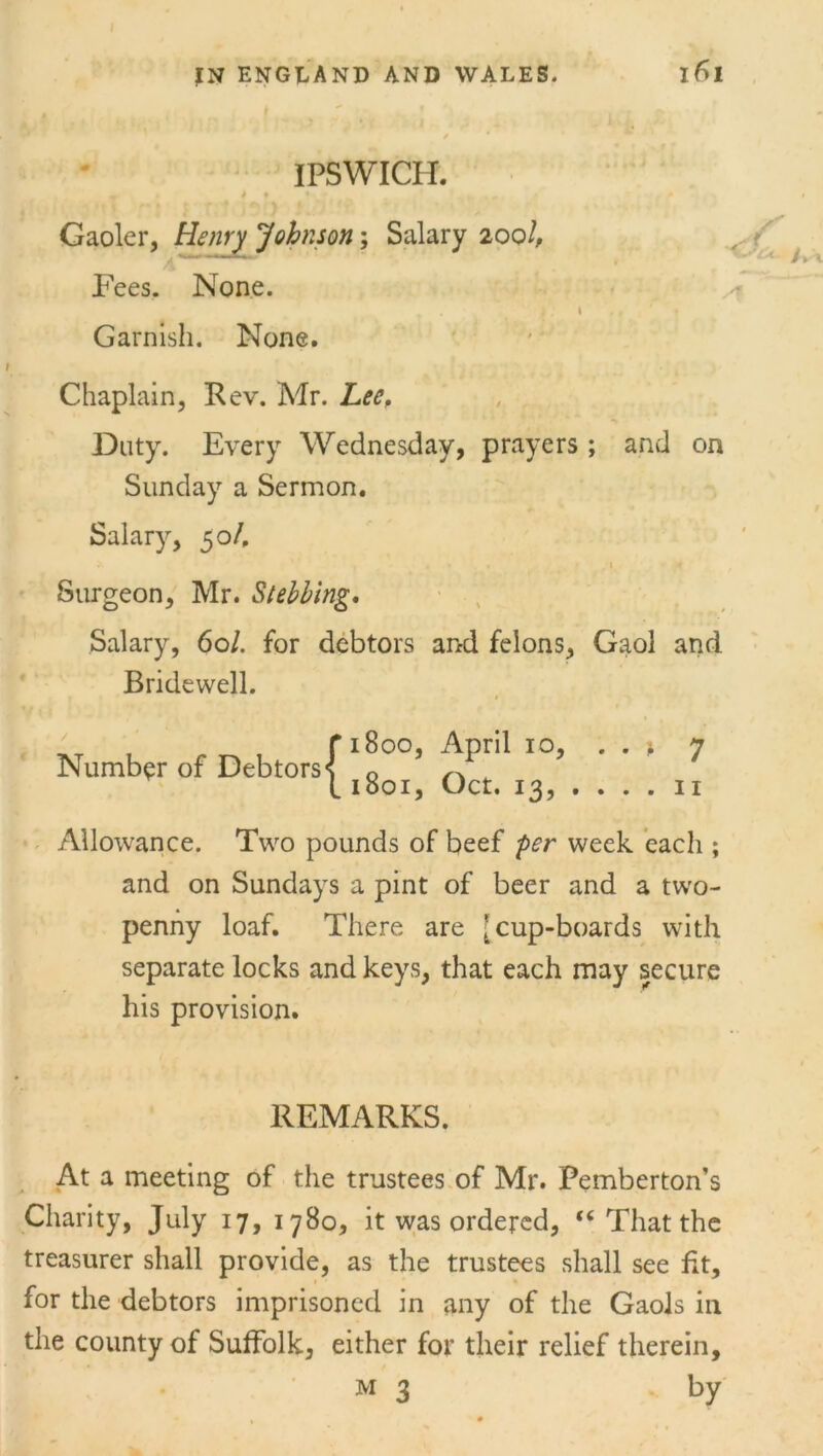 I JN ENGLAND AND WALES. l6l t IPSWICH. j « Gaoler, Henry Johnson; Salary 200/, Fees. None. 1 Garnish. None. Chaplain, Rev. Mr. Lee, Duty. Every Wednesday, prayers ; and on Sunday a Sermon. Salary, 50/, Surgeon, Mr. Stebbing. Salary, 60/. for debtors and felons. Gaol and Bridewell. Number of Debtors { 1800, April 10, . . 1801, Oct. 13, . . . 7 11 Allowance. Two pounds of beef per week each ; and on Sundays a pint of beer and a two- penny loaf. There are [cup-boards with separate locks and keys, that each may secure his provision. REMARKS. At a meeting of the trustees of Mr. Pemberton’s Charity, July 17, 1780, it was ordered, “ That the treasurer shall provide, as the trustees shall see fit, for the debtors imprisoned in any of the Gaols in the county of Suffolk, either for their relief therein, M 3 by