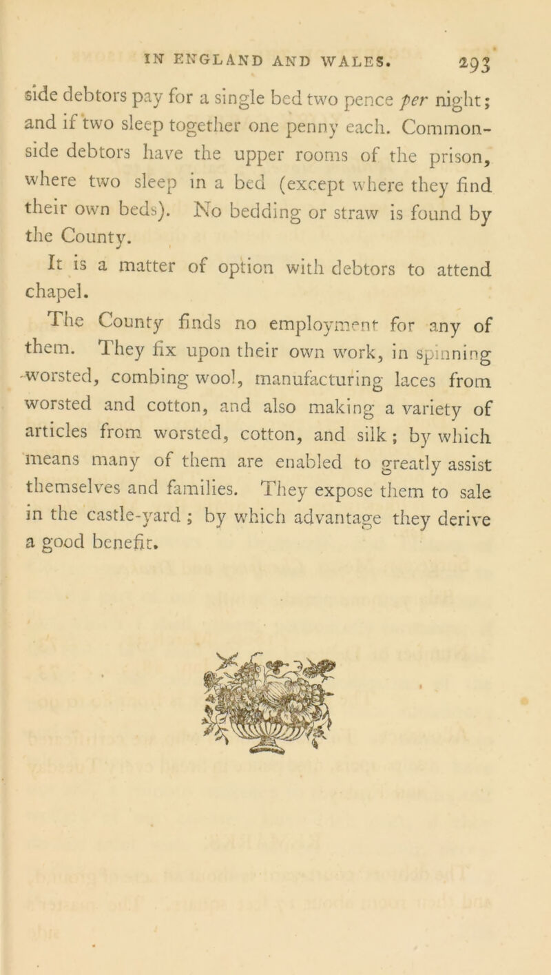 side debtors pay for a single bed two pence per night; and if two sleep together one penny each. Common- side debtors have the upper rooms of the prison, where two sleep in a bed (except where they find their own beds). I\o bedding or straw is found by the County. It is a matter of option with debtors to attend chapel. The County finds no employment for any of them. They fix upon their own work, in spinning worsted, combing wool, manufacturing laces from worsted and cotton, and also making a variety of articles from worsted, cotton, and silk; by which means many of them are enabled to greatly assist themselves and families. They expose them to sale in the castle-yard ; by which advantage they derive a good benefit.