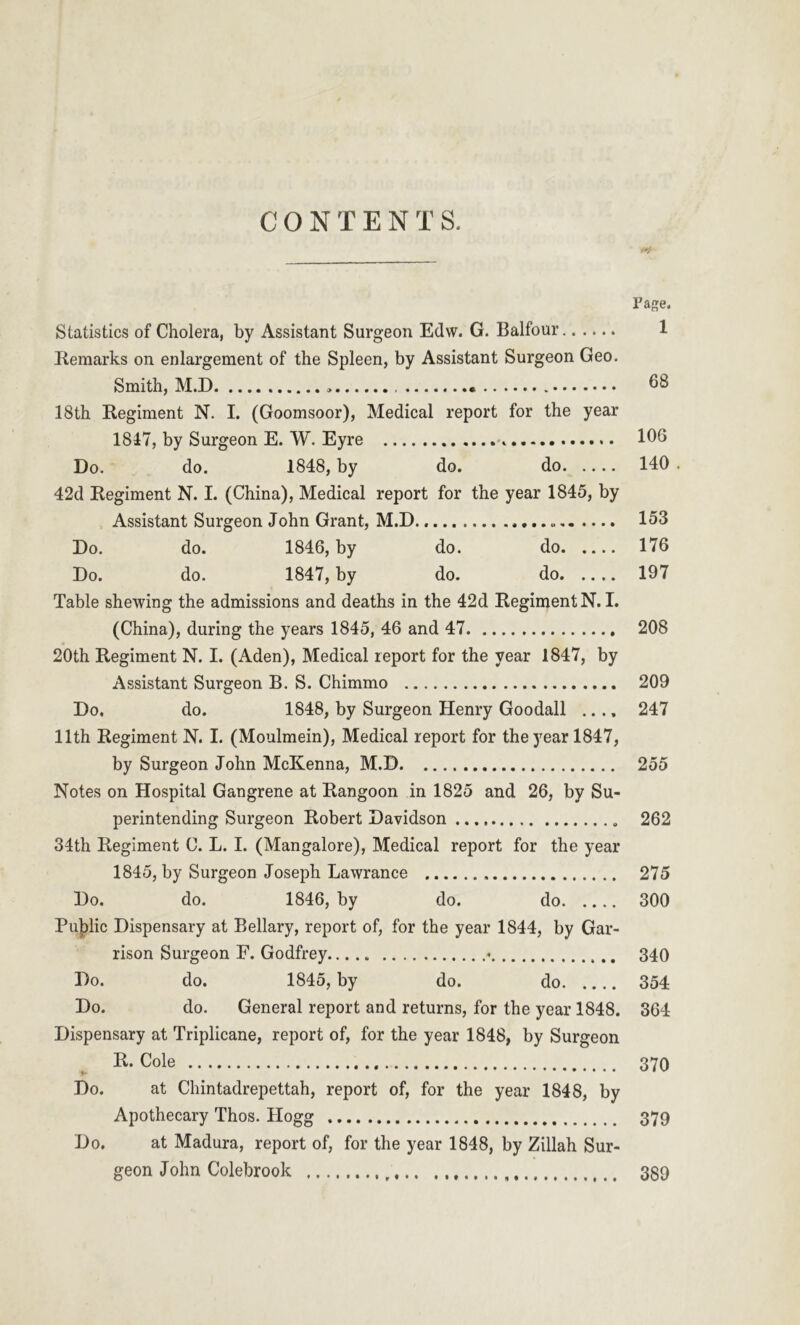 Page. Statistics of Cholera, by Assistant Surgeon Edw. G. Balfour 1 Remarks on enlargement of the Spleen, by Assistant Surgeon Geo. Smith, M.D 68 18th Regiment N. I. (Goomsoor), Medical report for the year 1817, by Surgeon E. W. Eyre 106 Do. do. 1848, by do. do 140 . 42d Regiment N. I. (China), Medical report for the year 1845, by Assistant Surgeon John Grant, M.D . 153 Do. do. 1846, by do. do 176 Do. do. 1847, by do. do 197 Table shewing the admissions and deaths in the 42d Regiment N. I. (China), during the years 1845, 46 and 47 208 20th Regiment N. I. (Aden), Medical report for the year 1847, by Assistant Surgeon B. S. Chimmo 209 Do. do. 1848, by Surgeon Henry Goodall .... 247 11th Regiment N. I. (Moulmein), Medical report for the year 1847, by Surgeon John McKenna, M.D 255 Notes on Hospital Gangrene at Rangoon in 1825 and 26, by Su- perintending Surgeon Robert Davidson 262 34th Regiment C. L. I. (Mangalore), Medical report for the year 1845, by Surgeon Joseph Lawrance 275 Do. do. 1846, by do. do 300 Pujblic Dispensary at Bellary, report of, for the year 1844, by Gar- rison Surgeon F. Godfrey ♦ 340 Do. do. 1845, by do. do 354: Do. do. General report and returns, for the year 1848. 364 Dispensary at Triplicane, report of, for the year 1848, by Surgeon D- Cole 370 Do. at Chintadrepettah, report of, for the year 1848, by Apothecary Thos. Hogg 379 Do. at Madura, report of, for the year 1848, by Zillah Sur- geon John Colebrook 389
