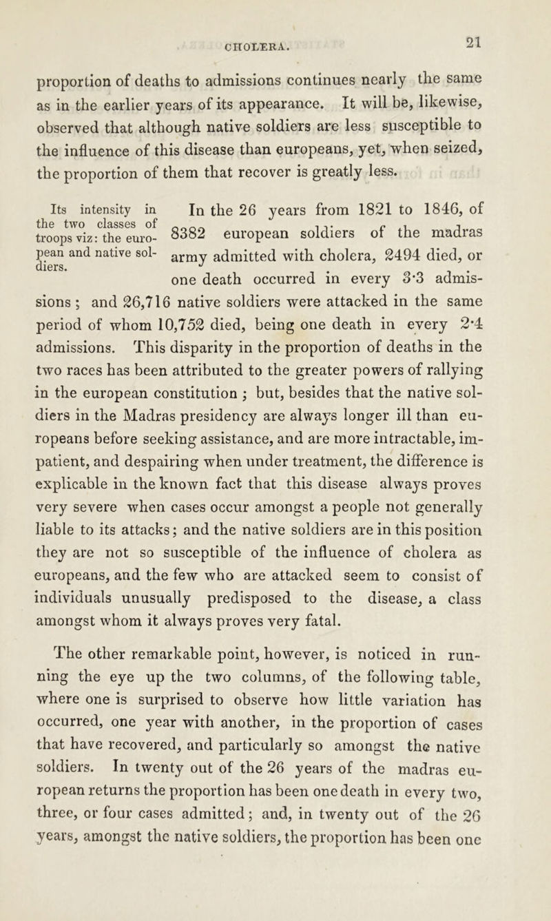 proportion of deaths to admissions continues nearly the same as in the earlier years of its appearance. It will be, likewise, observed that although native soldiers are less susceptible to the influence of this disease than europeans, yet, when seized, the proportion of them that recover is greatly less. Its intensity in In the 26 years from 1821 to 1846, of troops viz: the euro- 838^ euiopean soldiers or the madias pean and native sol- army admitted with cholera, 2494 died, or diers. J . . one death occurred in every o*3 admis- sions ; and 26,716 native soldiers were attacked in the same period of whom 10,752 died, being one death in every 2’4 admissions. This disparity in the proportion of deaths in the two races has been attributed to the greater powers of rallying in the european constitution ; but, besides that the native sol- diers in the Madras presidency are always longer ill than eu- ropeans before seeking assistance, and are more intractable, im- patient, and despairing when under treatment, the difference is explicable in the known fact that this disease always proves very severe when cases occur amongst a people not generally liable to its attacks; and the native soldiers are in this position they are not so susceptible of the influence of cholera as europeans, and the few who are attacked seem to consist of individuals unusually predisposed to the disease, a class amongst whom it always proves very fatal. The other remarkable point, however, is noticed in run- ning the eye up the two columns, of the following table, where one is surprised to observe how little variation has occurred, one year with another, in the proportion of cases that have recovered, and particularly so amongst the native soldiers. In twenty out of the 26 years of the madras eu- ropean returns the proportion has been one death in every two, three, or four cases admitted; and, in twenty out of the 26 years, amongst the native soldiers, the proportion has been one