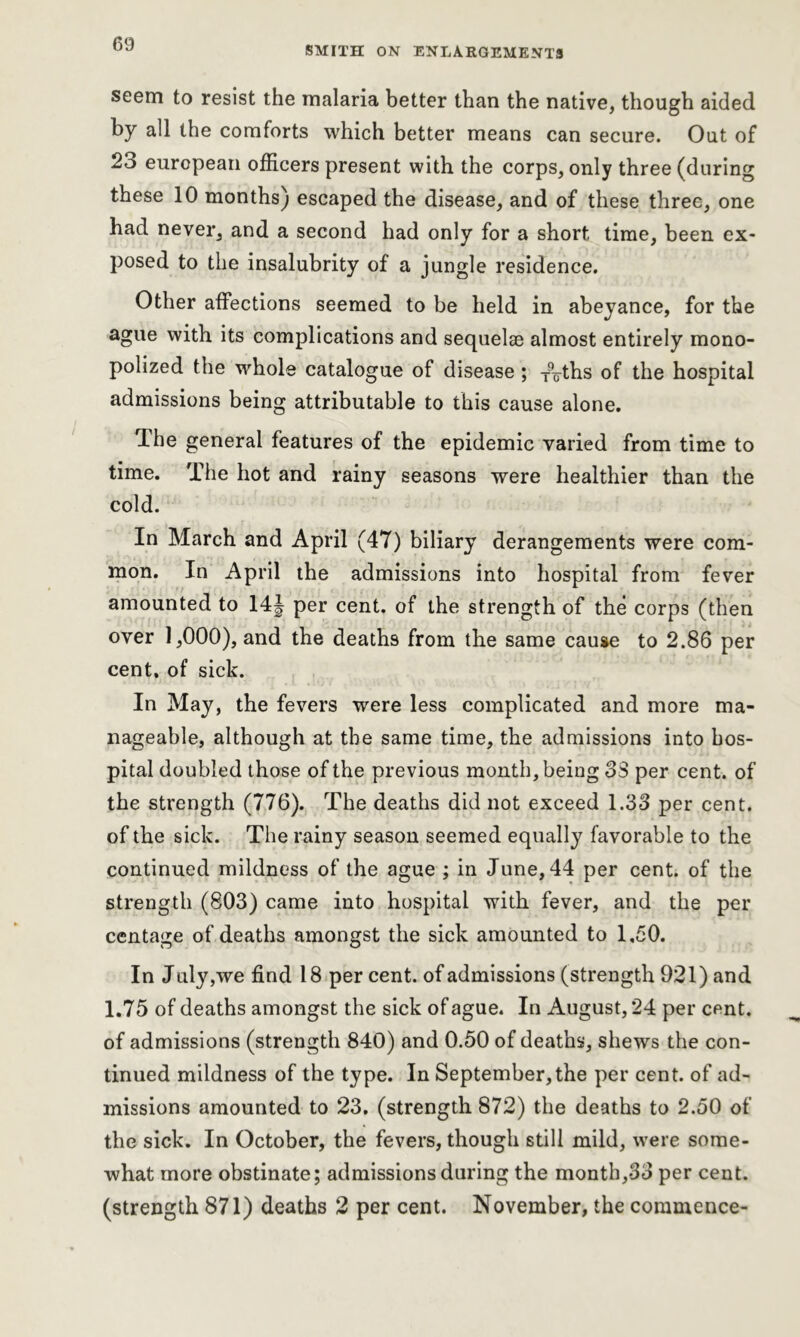 SMITH ON ENLARGEMENTS seem to resist the malaria better than the native, though aided by all the comforts which better means can secure. Out of 23 european officers present with the corps, only three (during these 10 months) escaped the disease, and of these three, one had never, and a second had only for a short time, been ex- posed to the insalubrity of a jungle residence. Other affections seemed to be held in abeyance, for the ague with its complications and sequelae almost entirely mono- polized the whole catalogue of disease; Toths of the hospital admissions being attributable to this cause alone. The general features of the epidemic varied from time to time. The hot and rainy seasons were healthier than the cold. In March and April (47) biliary derangements were com- mon. In April the admissions into hospital from fever amounted to 14| per cent, of the strength of the corps (then over 1,000), and the deaths from the same cause to 2.86 per cent, of sick. In May, the fevers were less complicated and more ma- nageable, although at the same time, the admissions into hos- pital doubled those of the previous month, being 33 per cent, of the strength (776). The deaths did not exceed 1.33 per cent, of the sick. The rainy season seemed equally favorable to the continued mildness of the ague ; in June, 44 per cent, of the strength (803) came into hospital with fever, and the per centage of deaths amongst the sick amounted to 1,50. In July,we find 18 per cent, of admissions (strength 921) and 1.75 of deaths amongst the sick of ague. In August, 24 per cent, of admissions (strength 840) and 0.50 of deaths, shews the con- tinued mildness of the type. In September,the per cent, of ad- missions amounted to 23. (strength 872) the deaths to 2.50 of the sick. In October, the fevers, though still mild, were some- what more obstinate; admissions during the month,33 per cent, (strength 871) deaths 2 per cent. November, the commence-