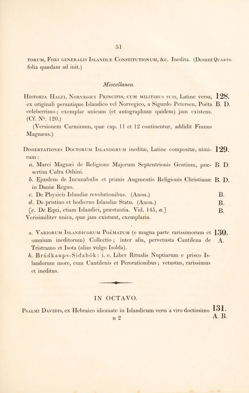 TORUM,, Fori generalis Islandi^ Constitutionum^ &c. Inedita. (Desunt Quarto. folia qusedam ad init.) Miscellanea, Historia Halfi^ Norvegici Principis^ cum militibus suis^ Latine versa^ 128. ex originali perantiquo Islandico vel Norvegico^ a Sigurdo Petersen^ Poeta B. D. celeberrimo; exemplar unicum (et autographum quidem) jam existens. (Cf. N«. 120.) (Versionem Carminum^ quse cap. 11 et 12 continentur^ addidit Finnus Magnseus.) Dissertationes Doctorum Islandorum ineditae^ Latine compositae, nimi- 129. rum: a. Marci Magnaei de Religione Majorum Septentrionis Gentium, prae- B. D. sertim Cultu Othini. h. Ejusdem de Incunabulis et primis Augmentis Religionis Christianae B. D. in Daniae Regno. c. De Physicis Islandiae revolutionibus. (Anon.) B. d. De pristino et hodierno Islandiae Statu. (Anon.) B, [e. De Equi, etiam Islandici, praestantia. Vid. 145, a.'] Verisimiliter unica, quae jam existunt, exemplaria. a. Variorum Islandicorum Poematum (e magna parte rarissimorum et 130. omnium ineditorum) Collectio; inter alia, pervetusta Cantilena de A. Tristramo et Isota (alias vulgo Isolda). b. Brudkaups-Sidabok: i. e. Liber Ritualis Nuptiarum e prisco Is- landorum more, cum Cantilenis et Perorationibus; vetustus, rarissimus et ineditus. IN OCTAVO. Psalmi Davidis, ex Hebraico idiomate in Islandicum versi a viro doctissimo 131. H 2 A. B.