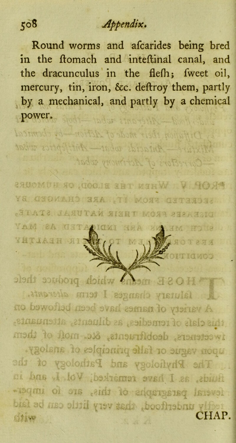 Round worms and afcarides being bred in the ftomach and inteftinal canal, and the dracunculus in the flefli; fweet oil, mercury, tin, iron, &c. deftroy them, partly by a mechanical, and partly by a chemical power. CHAP.