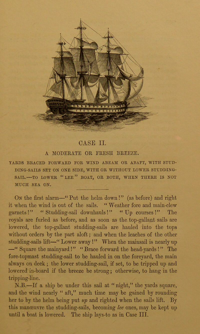 A MODEEATE OE EEESH BEEEZE. YAEDS BRACED FORWARD FOR WIND ABEAM OR ABAFT, WITH STUD- DING-SAILS SET ON ONE SIDE, WITH OR WITHOUT LOWER STUDDING- SAIL.—TO LOWER “lee” BOAT, OR BOTH, WHEN THERE IS NOT MUCH SEA ON, On the first alarm—“ Put the helm down! ” (as before) and right it when the wind is out of the sails, “ Weather fore and main-clew garnets!” “Studding-sail downhauls!” “Up courses!” The royals are furled as before, and as soon as the top-gallant sails are lowered, the top-gaUant studding-sails are hauled into the tops without orders by the part aloft; and when the leaches of the other studding-sails lift—“ Lower away !” When the mainsail is nearly up —“ Square the mainyard!” “ Brace forward the head-yards ! ” The fore-topmast studding-sail to be hauled m on the foreyard, the main always on deck ; the lower studding-sail, if set, to be tripped up and lowered in-board if the breeze be strong; otherwise, to hang in the tripping-luie. N,B.—If a ship be under this sail at “ night,” the yards square, and the wind nearly “ aft,” much time may be gained by rounding her to by the helm being put tip and righted when the sails lift. By this manoeuvre the studding-sails, becoming lee ones, may be kept up