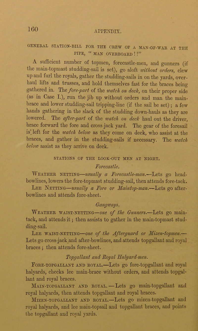 APPENDIX. GENERAL STATION-BILL FOR THE CREW OF A MAN-OF-WAR AT THE PIPE, “ MAN OVERBOARD ! !” A sufficient number of topmen, forecastle-men, and gunners (if tlie main-topmast studding-sail is set), go aloft without orders, clew up and furl the royals, gather the studding-sails in on the yards, over- haul lifts and trusses, and hold themselves fast for the braces beiug gathered in. fore-part of the watch on deck, on their proper side (as in Case I.), run the jib up without orders and man the main- brace and lower studding-sail tripping-line (if the sail be set); a few hands gathering in the slack of the studding down-hauls as they are lowered. The after-^part of the watch on deck haul out the driver, brace forward the fore and cross-jack yard. The gear of the foresail isAeft for the watch below as they come on deck, who assist at the braces, and gather in the studding-sails if necessary. The watch below assist as they arrive on deck. STATIONS OF THE LOOK-OHT MEN AT NIGHT. Forecastle. Weather netting—usually a Forecastle-man.—Lets go head- bowlines, lowers the fore-topmast studding-sail, then attends fore-tack. Lee Netting—usually a Fore or Maintop-man.—Lets go after- bowlines and attends fore-sheet. Gangways. Weather waist-netting—one of the Gunners.—Lets go main- tack, and attends it; then assists to gather in the main-topmast stud- ding-sail. Lee waist-netting—one of the Afterguard or Mizoi-topmen.— Lets go cross-jaek and after-bowlines, and attends topgallant and royal braces; then attends fore-sheet. Topgallant and Royal Halyard-moi. Fore-topgallant and royal.—Lets go fore-topgallant and royal halyards, checks lee main-brace without orders, and attends topgal- lant and royal braces. Main-topgallant and royal.—Lets go main-topgallant and royal halyards, then attends topgallant and royal braces. Mizen-topgallant and royal.—Lets go mizen-topgallant and royal halyards, and lee main-topsail and topgallant braces, and pouits the topgallant and royal yards.