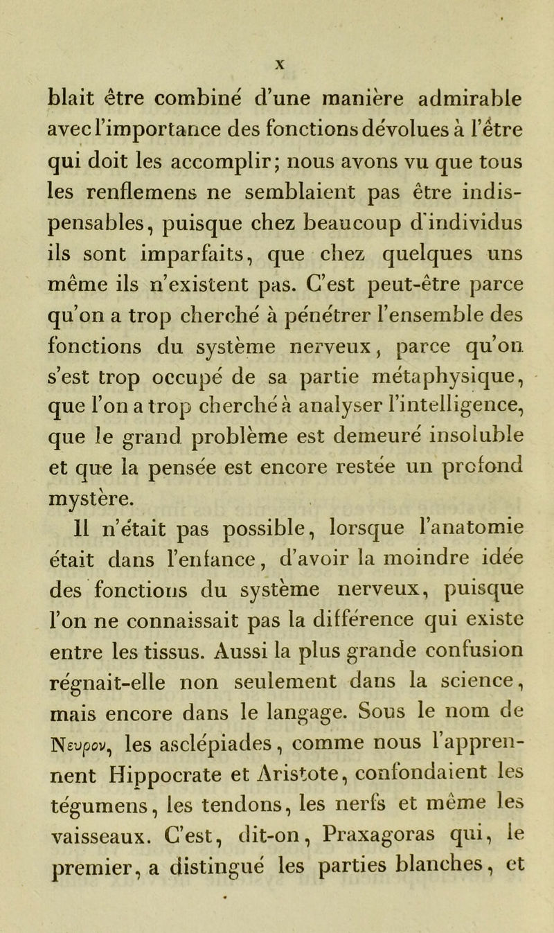 blait être combine' d’une manière admirable avec l’importance des fonctions dévolues à l’être qui doit les accomplir; nous avons vu que tous les renflemens ne semblaient pas être indis- pensables, puisque chez beaucoup d'individus ils sont imparfaits, que chez quelques uns même ils n’existent pas. C’est peut-être parce qu’on a trop cherché à pénétrer l’ensemble des fonctions du système nerveux, parce qu’on, s’est trop occupé de sa partie métaphysique, que l’on a trop cherché à analyser l’intelligence, que le grand problème est demeuré insoluble et que la pensée est encore restée un profond mystère. 11 n’était pas possible, lorsque l’anatomie était dans l’enlance, d’avoir la moindre idée des fonctions du système nerveux, puisque l’on ne connaissait pas la différence qui existe entre les tissus. Aussi la plus grande confusion régnait-elle non seulement dans la science, mais encore dans le langage. Sous le nom de Neupov, les asclépiades, comme nous l’appren- nent Hippocrate et Aristote, confondaient les tégumens, les tendons, les nerfs et même les vaisseaux. C’est, dit-on, Praxagoras qui, le premier, a distingué les parties blanches, et