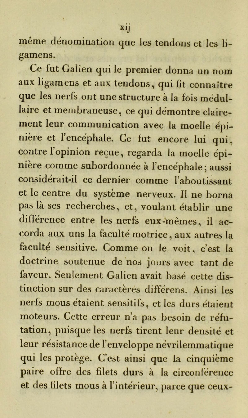 X,J même dénomination que les tendons et les li- gamens. Ce fut Galien qui le premier donna un nom aux ligamens et aux tendons, qui fît connaître que les nerfs ont une structure à la fois médul- laire et membraneuse, ce qui démontre claire- ment leur communication avec la moelle épi- nière et l’encéphale. Ce fut encore lui qui, contre l’opinion reçue, regarda la moelle épi- nière comme subordonnée à l’encéphale; aussi considérait-il ce dernier comme l’aboutissant et le centre du système nerveux. II ne borna pas là ses recherches, et, voulant établir une différence entre les nerfs eux-mêmes, il ac- corda aux uns la faculté motrice, aux autres la faculté sensitive. Comme on le voit, c’est la doctrine soutenue de nos jours avec tant de faveur. Seulement Galien avait basé cette dis- tinction sur des caractères différens. Ainsi les nerfs mous étaient sensitifs, et les durs étaient moteurs. Cette erreur n’a pas besoin de réfu- tation, puisque les nerfs tirent leur densité et leur résistance de l’enveloppe névrilemmatique qui les protège. C’est ainsi que la cinquième paire offre des filets durs à la circonférence et des filets mous à l’intérieur, parce que ceux-