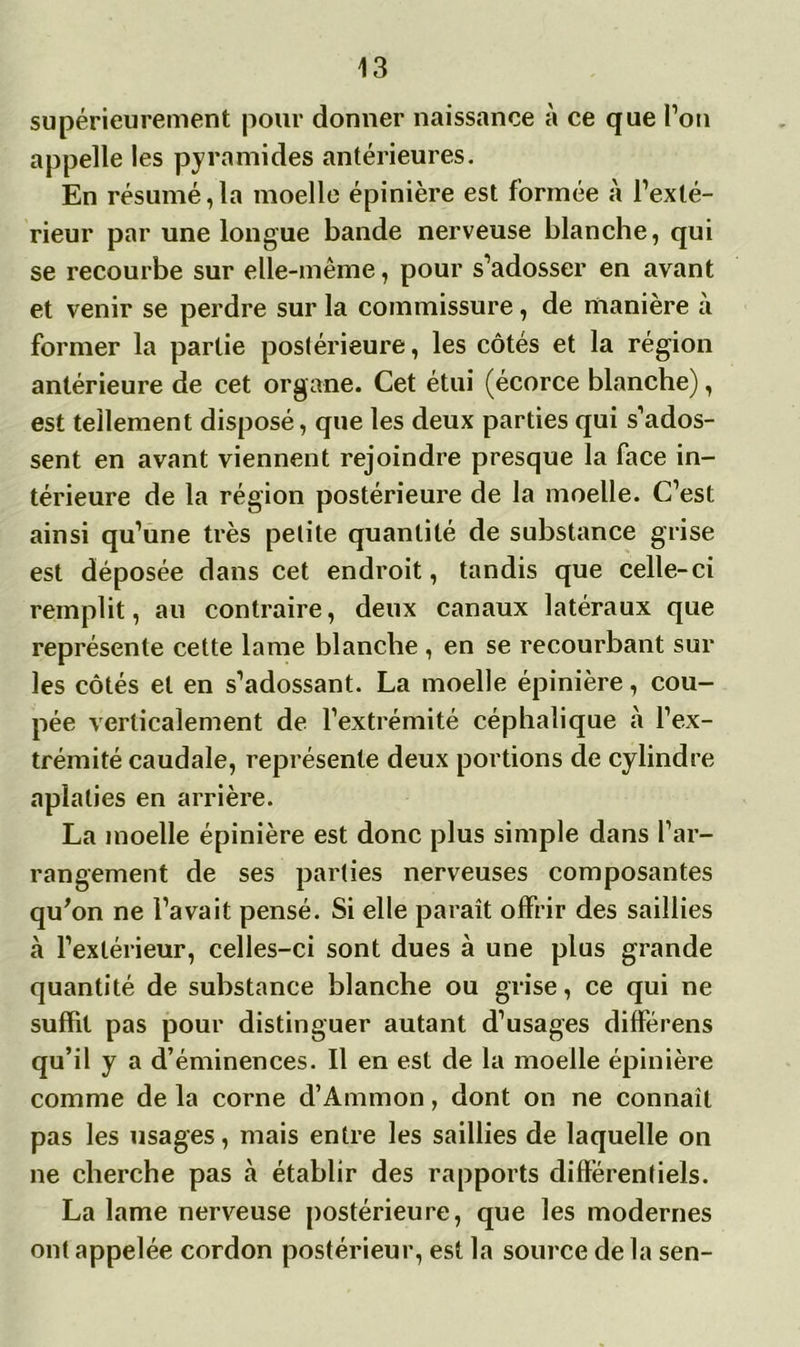 supérieurement pour donner naissance à ce que l’on appelle les pyramides antérieures. En résumé,la moelle épinière est formée à l’exté- rieur par une longue bande nerveuse blanche, qui se recourbe sur elle-même, pour s’adosser en avant et venir se perdre sur la commissure, de manière à former la partie postérieure, les côtés et la région antérieure de cet organe. Cet étui (écorce blanche), est tellement disposé, que les deux parties qui s’ados- sent en avant viennent rejoindre presque la face in- térieure de la région postérieure de la moelle. C’est ainsi qu’une très petite quantité de substance grise est déposée dans cet endroit, tandis que celle-ci remplit, au contraire, deux canaux latéraux que représente cette lame blanche , en se recourbant sur les côtés et en s’adossant. La moelle épinière, cou- pée verticalement de l’extrémité céphalique à l’ex- trémité caudale, représente deux portions de cylindre aplaties en arrière. La moelle épinière est donc plus simple dans l’ar- rangement de ses parties nerveuses composantes qu’on ne l’avait pensé. Si elle paraît offrir des saillies à l’extérieur, celles-ci sont dues à une plus grande quantité de substance blanche ou grise, ce qui ne suffit pas pour distinguer autant d’usages différens qu’il y a d’éminences. Il en est de la moelle épinière comme de la corne d’Ammon, dont on ne connaît pas les usages, mais entre les saillies de laquelle on ne cherche pas à établir des rapports différentiels. La lame nerveuse postérieure, que les modernes ont appelée cordon postérieur, est la source de la sen-