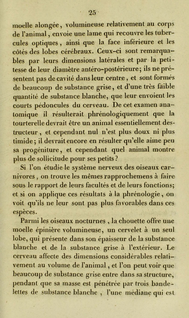 moelle alongée, volumineuse relativement au corps de l’animal, envoie une lame qui recouvre les tuber- cules optiques , ainsi que la face inférieure et les côtés des lobes cérébraux. Ceux-ci sont remarqua- bles par leurs dimensions latérales et par la peti- tesse de leur diamètre antéro-postérieure; ils ne pré- sentent pas de cavité dans leur centre , et sont formés de beaucoup de substance grise, et d’une très faible quantité de substance blanche, que leur envoient les courts pédoncules du cerveau. De cet examen ana- tomique il résulterait phrénologiquement que la tourterelle devrait être un animal essentiellement des- tructeur , et cependant nul n’est plus doux ni plus timide; il devrait encore en résulter qu’elle aime peu sa progéniture, et cependant quel animal montre plus de sollicitude pour ses petits ? Si l’on étudie le système nerveux des oiseaux car- nivores , on trouve les mêmes rapprochemens à faire sous le rapport de leurs facultés et de leurs fonctions; et si on applique ces résultats à la phrénologie, on voit qu’ils ne leur sont pas plus favorables dans ces espèces. Parmi les oiseaux nocturnes , la chouette offre une moelle épinière volumineuse, un cervelet à un seul lobe, qui présente dans son épaisseur de la substance blanche et de la substance grise à l’extérieur. Le cerveau affecte des dimensions considérables relati- vement au volume de l’animal, et l’on peut voir que beaucoup de substance grise entre dans sa structure, pendant que sa masse est pénétrée par trois bande- lettes de substance blanche , l’une médiane qui est
