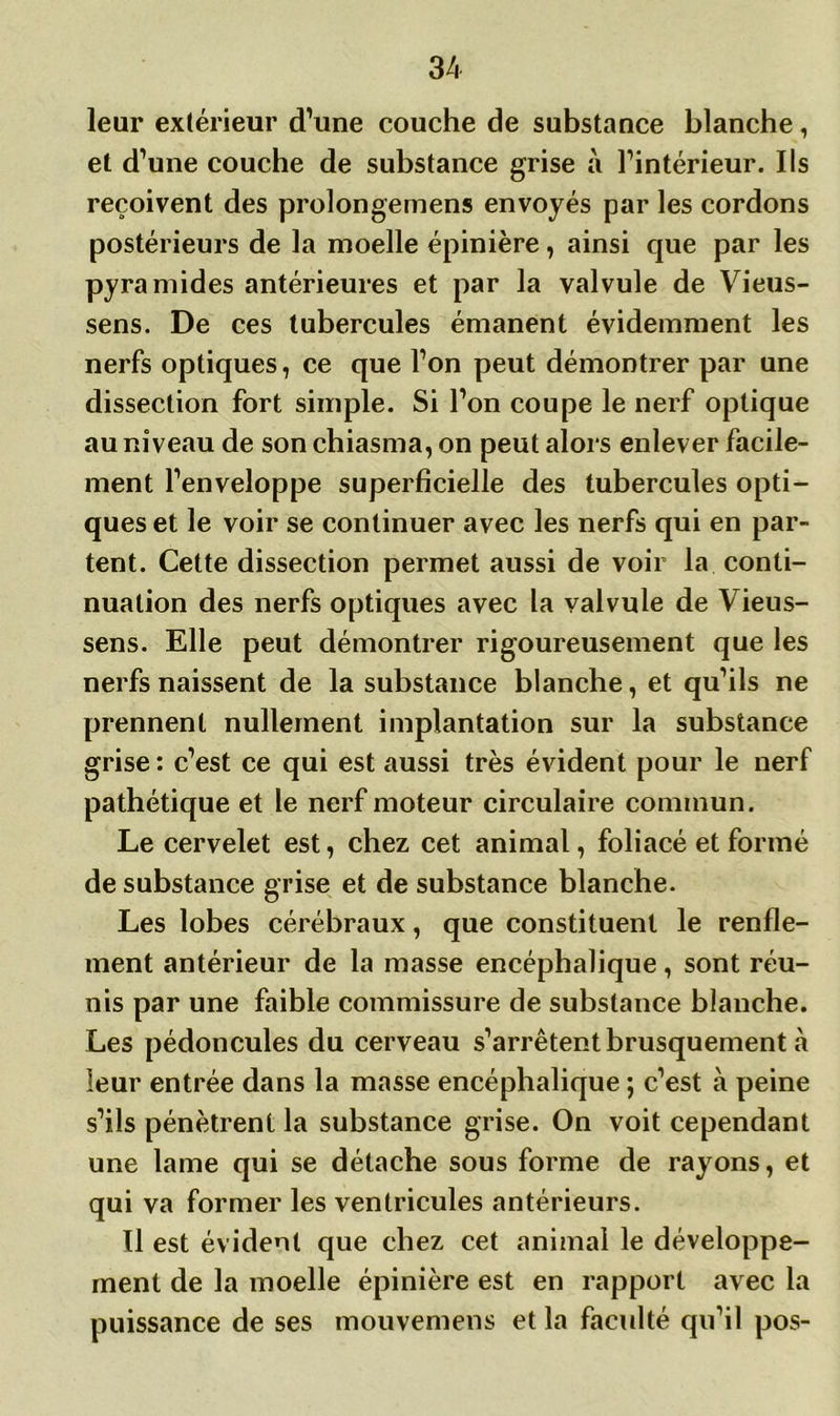leur extérieur d’une couche de substance blanche, et d’une couche de substance grise à l’intérieur. Ils reçoivent des prolongemens envoyés par les cordons postérieurs de la moelle épinière, ainsi que par les pyramides antérieures et par la valvule de Vieus- sens. De ces tubercules émanent évidemment les nerfs optiques, ce que l’on peut démontrer par une dissection fort simple. Si l’on coupe le nerf optique au niveau de son chiasma, on peut alors enlever facile- ment l’enveloppe superficielle des tubercules opti- ques et le voir se continuer avec les nerfs qui en par- tent. Cette dissection permet aussi de voir la conti- nuation des nerfs optiques avec la valvule de Vieus- sens. Elle peut démontrer rigoureusement que les nerfs naissent de la substance blanche, et qu’ils ne prennent nullement implantation sur la substance grise : c’est ce qui est aussi très évident pour le nerf pathétique et le nerf moteur circulaire commun. Le cervelet est, chez cet animal, foliacé et formé de substance grise et de substance blanche. Les lobes cérébraux, que constituent le renfle- ment antérieur de la masse encéphalique, sont réu- nis par une faible commissure de substance blanche. Les pédoncules du cerveau s’arrêtent brusquement à leur entrée dans la masse encéphalique ; c’est à peine s’ils pénètrent la substance grise. On voit cependant une lame qui se détache sous forme de rayons, et qui va former les ventricules antérieurs. 11 est évident que chez cet animal le développe- ment de la moelle épinière est en rapport avec la puissance de ses mouvemens et la faculté qu’il pos-