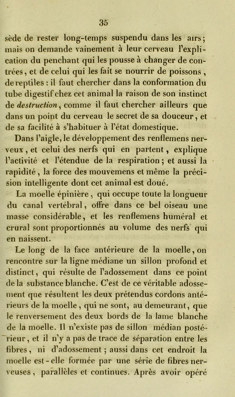 sède de rester long-temps suspendu dans les airs; mais on demande vainement à leur cerveau l'expli- cation du penchant qui les pousse à changer de con- trées , et de celui qui les fait se nourrir de poissons , de reptiles : il faut chercher dans la conformation du tube digestif chez cet animal la raison de son instinct de destruction, comme il faut chercher ailleurs que dans un point du cerveau le secret de sa douceur, et de sa facilité à s’habituer à l’état domestique. Dans l’aigle, le développement des renflemens ner- veux , et celui des nerfs qui en partent, explique l’activité et l’étendue de la respiration ; et aussi la rapidité , la force des mouvemens et même la préci- sion intelligente dont cet animal est doué. La moelle épinière , qui occupe toute la longueur du canal vertébral, offre dans ce bel oiseau une masse considérable, et les renflemens huméral et crural sont proportionnés au volume des nerfs qui en naissent. Le long de la face antérieure de la moelle, on rencontre sur la ligne médiane un sillon profond et distinct, qui résulte de l’adossement dans ce point de la substance blanche. C’est de ce véritable adosse- ment que résultent les deux prétendus cordons anté- rieurs de la moelle , qui ne sont, au demeurant, que le renversement des deux bords de la lame blanche de la moelle. Il n’existe pas de sillon médian posté- rieur , et il n’y a pas de trace de séparation entre les fibres, ni d’adossement ; aussi dans cet endroit Ja moelle est-elle formée par une série de fibres ner- veuses , parallèles et continues. Après avoir opéré