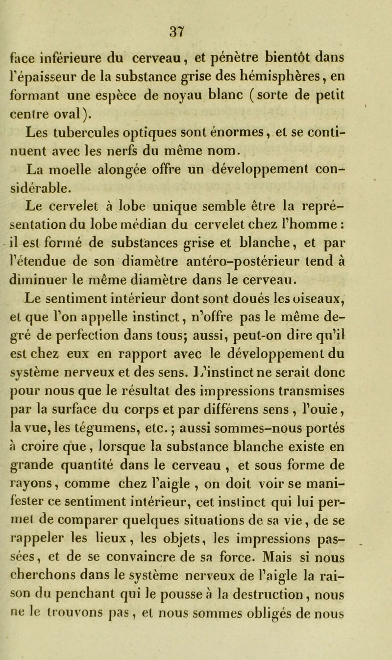 face inférieure du cerveau, et pénètre bientôt dans l’épaisseur de la substance grise des hémisphères, en formant une espèce de noyau blanc ( sorte de petit centre oval). Les tubercules optiques sont énormes, et se conti- nuent avec les nerfs du même nom. La moelle alongée offre un développement con- sidérable. Le cervelet à lobe unique semble être la repré- sentation du lobe médian du cervelet chez l’homme : il est formé de substances grise et blanche, et par l’étendue de son diamètre antéro-postérieur tend à diminuer le même diamètre dans le cerveau. Le sentiment intérieur dont sont doués les oiseaux, et que l’on appelle instinct, n’offre pas le même de- gré de perfection dans tous; aussi, peut-on dire qu’il est chez eux en rapport avec le développement du système nerveux et des sens. L’instinct ne serait donc pour nous que le résultat des impressions transmises par la surface du corps et par différens sens , l’ouie, la vue, les tégumens, etc. ; aussi sommes-nous portés «à croire que, lorsque la substance blanche existe en grande quantité dans le cerveau , et sous forme de rayons, comme chez l’aigle , on doit voir se mani- fester ce sentiment intérieur, cet instinct qui lui per- met de comparer quelques situations de sa vie, de se rappeler les lieux, les objets, les impressions pas- sées , et de se convaincre de sa force. Mais si nous cherchons dans le système nerveux de l’aigle la rai- son du penchant qui le pousse «à la destruction, nous ne le trouvons pas , et nous sommes obligés de nous