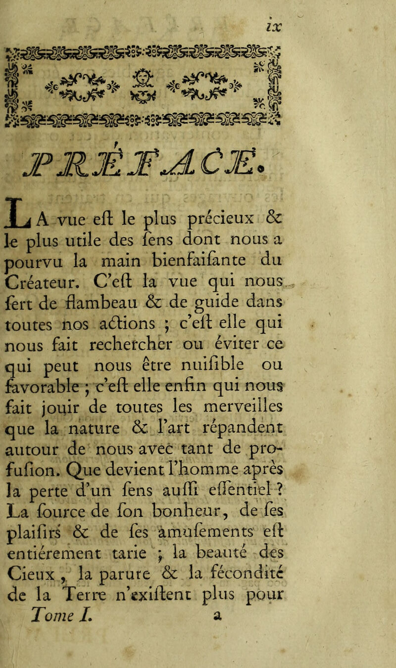 |,, fe ^1 I>M.ÉJÊ'AC£. li A vue efh le plus précieux & le plus utile des fèns dont nous a pourvu la main bienfaifànte du Créateur. C’eft la vue qui nous fert de flambeau & de guide dans toutes nos adlions ; c’elf elle qui nous fait rechercher ou éviter ce qui peut nous être nuifible ou fovorable ; ceft elle enfin qui nous fait jouir de toutes les merveilles que la nature &. l’art répandent autour de nous avec tant de pro- fufion. Que devient l’homme après la perte d’un fens auffi elTentiel ? La fource de fbn bonheur, de Tes plaifirs & de fes àmufements efi entièrement tarie \ la beauté des deux ]a parure & la fécondité de la Terre n’exifient plus pour Tome I. a