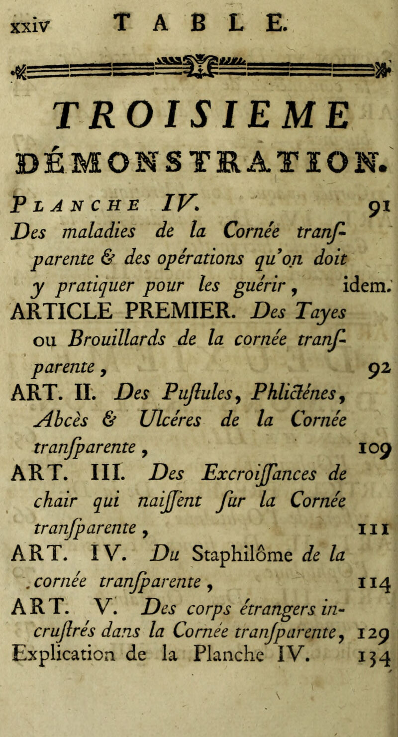 TROISIEME DÉMONSTRATION.' Planche IV. 91 Des maladies de la Cornée tranp- parente & des opérations qu on doit y pratiquer pour les guérir, idem.’ ARTICLE PREMIER. Des Tayes ou Brouillards de la cornée tranf- parente, 92 ART. II. Des Pujîules^ Phliclénesj Abcès & Ulcères de la Cornée tranfparente, 109 ART. III. Des ExcroiJJances de chair qui naijjent fur la Cornée tranfparente , 111 ART. IV. Du Staphilôme de la ,cornée tranfparente^ I14 ART. V. Des corps étrangers in- crufrés dans la Cornée tranjparente^ 129