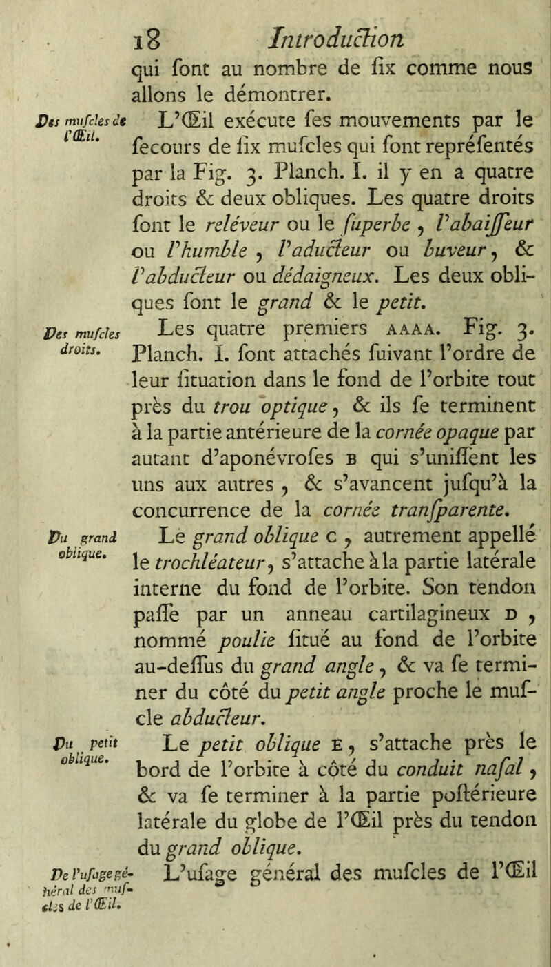 qui font au nombre de fîx comme nous allons le démontrer. j}tsmufcksd€ L’CEil exécute fes mouvements par le ^ fecoLirs de lix mufcles qui font repréfentés par la Fig. 3. Planch. I. il y en a quatre droits & deux obliques. Les quatre droits font le reléveur ou le fuperbe ^ Vabaijfeur ou rkumble , Vaducleur ou buveur^ ôc Vabducltur ou dédaigneux. Les deux obli¬ ques font le grand 6c le petit. Per mufcles Les quatre premiers aaaa. Fig. 3. droits. Planch. I. font attachés fuivant l’ordre de leur lîtuation dans le fond de l’orbite tout près du trou optique6c ils fe terminent à la partie antérieure de la cornée opaque par autant d’aponévrofes b qui s’unilfent les uns aux autres , de s’avancent jufqu’à la concurrence de la cornée tranfparente. pu grand Le grand oblique c ^ autrement appelle oblique, trochléateur s’attache à la partie latérale interne du fond de l’orbite. Son tendon palfe par un anneau cartilagineux d , nommé poulie fîtué au fond de l’orbite au-delTus du grand angle, de va fe termi¬ ner du côté du petit angle proche le muf- cle abducleur. Pu petit Le petit oblique E, s’attache près le oblique, l’orbite à côté du conduit nafal y 6c va fe terminer à la partie poftérieure latérale du globe de l’dEil près du tendon d\x grand oblique. Pei'ufagegé- L’ufage géjiéral des mufcles de l’CEil héfiii des tf/js de