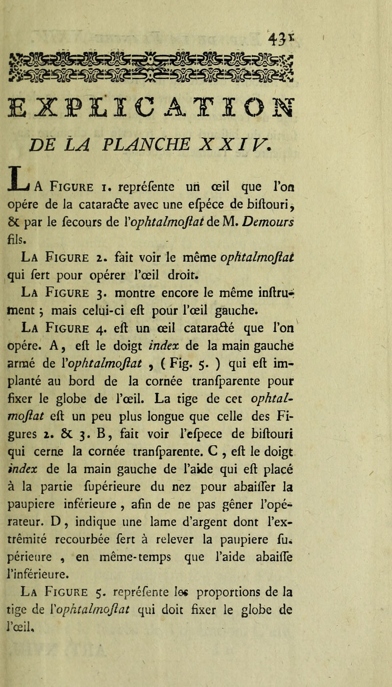 I 43t EXFÏ.ÏC ATÏOM DE LA PLANCHE XXLV. Xj a Figure i. repréfente uri œil que l’on opère de la cataraéle avec une efpéce de biftouri, ÔC par le fecours de Vophtalmojiat àe M. Demours fils. La Figure z. fait voir le même ophtalmojîai qui fert pour opérer l’œil droit. La Figure 3. montre encore le même inftrur ment 5 mais celui-ci eft pour l’œil gauchei La Figure 4. eft un œil cataradé que l’on opère. A, eft le doigt index de la main gauche armé de Vophtalmojîat , ( Fig. 5. ) qui eft im¬ planté au bord de la cornée tranfparente pour fixer le globe de l’œil. La tige de cet ophtal¬ mofiat eft un peu plus longue que celle des Fi¬ gures Z. 6c 3. B, fait voir l’efpece de biftouri qui cerne la cornée tranfparente. C , eft le doigt index de la main gauche de l’aide qui eft placé à la partie fupérieure du nez pour abailTer la paupière inférieure , afin de ne pas gêner l’opé¬ rateur. D, indique une lame d’argent dont l’ex¬ trémité recourbée fert à relever la paupière fu* périeure , en même-temps que l’aide abaifle l’inférieure. La Figure $. repréfente Î0« proportions de la tige de ['ophtahnofiat qui doit fixer le globe de l’œil.