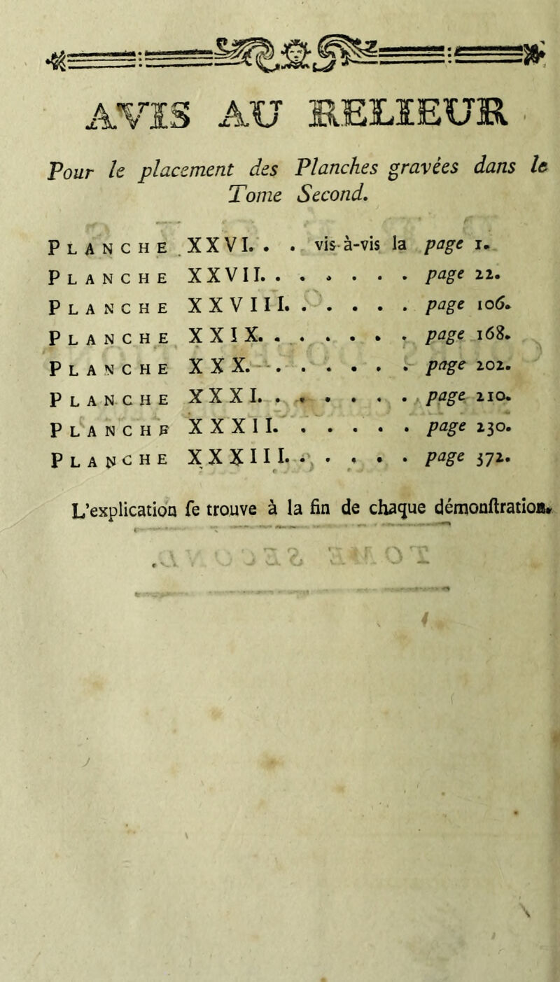 AVIS AU RELIEUR. Pour k placement des Planches gravées dans U Tome Second. Planche.XXVI. . . vis à-vis la page i. Planche XXVII.page ii. Planche XXVIII.. . . . . page io6. Planche X X î X. . ,.page Planche XX X. .page zoz. Planche XXXI.page zio. P l'a NC HF XXXII.'.page 1^0. Planche XXXIH--', • / • • 57^- L’explicatioQ fe trouve à la fin de chaque démonftratioa* r' *'*' 4 J