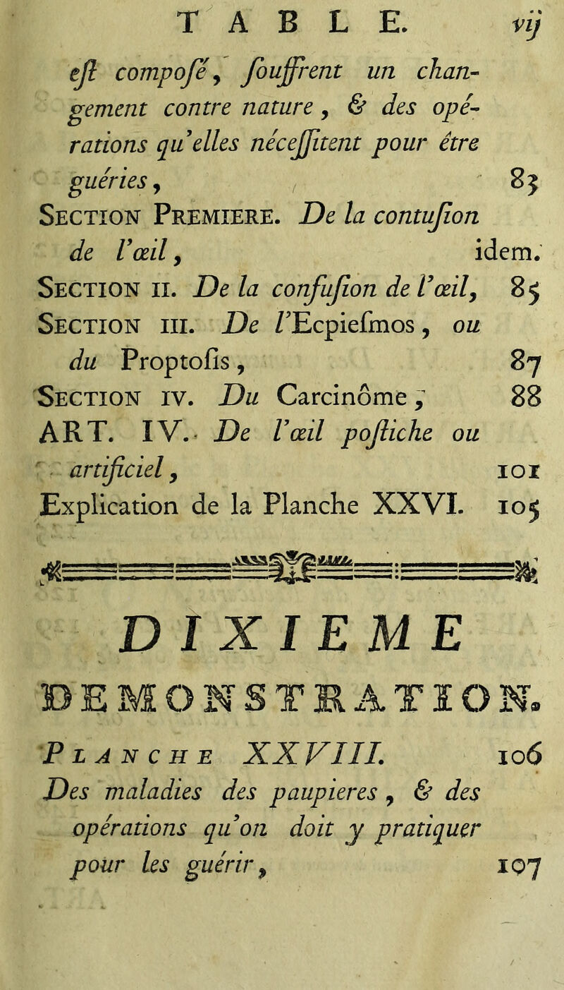 TABLE. vij ejl compofé y foujfrent un chan¬ gement contre nature, & des opé¬ rations qu elles nécejjitent pour être guéries y ^ ' 85 Section Première. De la contujion de Vœil, idem. Section ii. De la confujîon de Vœil y 85 Section iii. De Z’Ecpiefmos, ou du Proptofis, 87 Section iv. Du Carcinome ; 88 ART. IV.> De Vœil pojîiche ou artificiel y loi Explication de la Planche XXVI. 105 DIXIEME BE MONSTRATION. Planche XXVIII. 106 Des maladies des paupières , & des opérations qu on doit y pratiquer pour les guérir y IQ7