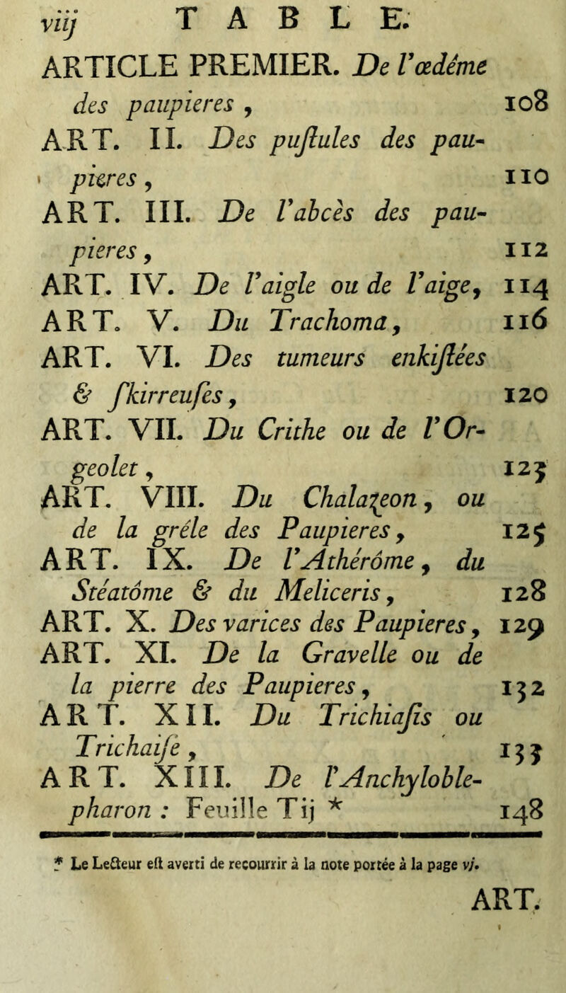 viÿ TABLE. ARTICLE PREMIER. De Vœdème des paupières , lo8 ART. IL Des pujlules des pau^ » pkres, iio ART. III. De rabcès des pau¬ pières ^ II2 ART. IV. De r 'aigle ou de Vaige^ 114 ART. V. Du TrachomUy 116 ART. VI. Des tumeurs enkijlées & fkirreufes y 120 ART. VII. Du Crithe ou de VOr- geolet y 12 J ART. VIII. Du Chala'^eon, ou de la grêle des Paupières y 125 ART. IX. De VAthérômey du Stéatôme & du Meliceris y 128 ART. X. Des varices des Paupières y 129 ART. XL De la Gravelle ou de la pierre des Paupières y 132 ART. XII. Du Trichiajis ou Trichaijè , 13 j ART. XIII. De ïAnchylohle- pharon : Feuille Tij ^ 148 f Le Leâeur e(l averti de recourrir à la note portée à la page v;. ART.