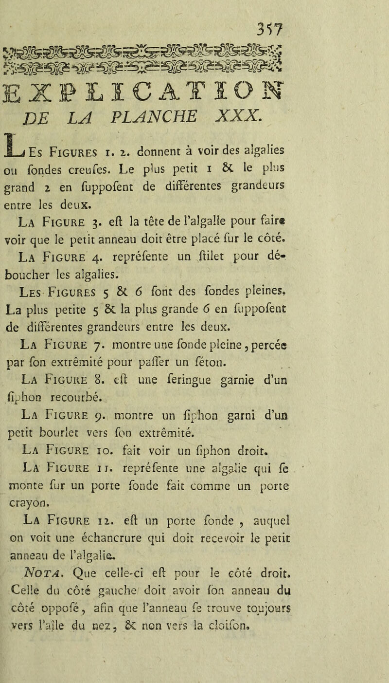 317 EXPLICATION DE LA PLANCHE XXX. Î-^Es Figures i. 2. donnent à voir des algalies ou fondes creufes. Le plus petit 1 le plus grand z en fuppofent de différentes grandeurs entre les deux. La Figure 3. eft la tête de l’algalîe pour fair« voir que le petit anneau doit être placé fur le côté. La Figure 4. repréfente un ftilet pour dé¬ boucher les algalies. Les Figures 5 6 font des fondes pleines, La plus petite 5 & la plus grande 6 en fuppofent de différentes grandeurs entre les deux. La Figure 7. montre une fonde pleine, percés par fon extrémité pour paffer un féton. La Figure 8. eft une feringue garnie d’un fiphon recourbé. La Figure 9. montre un ftphon garni d’un petit bourlet vers fon extrémité. La Figure 10. fait voir un fiphon droit. La Figure 11. repréfente une algalie qui fe monte fur un porte fonde fait comme un porte crayon. La Figure 12. eft un porte fonde , auquel on voit une échancrure qui doit recevoir le petit anneau de l’algalie. Nota. Que celle-ci eft pour le côté droit. Celle du côté gauche doit avoir Ion anneau du côté oppofé, afin que l’anneau fe trouve toujours vers l’aîle du nez, Sc non vers la cloifon.