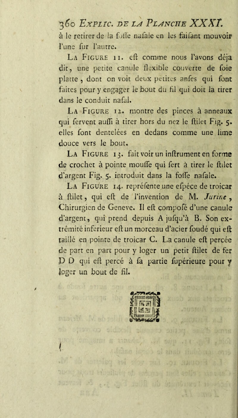 3^0 Explic. de la Planche XXKL à le retirer de la folle nafale en les faifant mouvoir l’une fur l’autre. La Figure ii. eft comme nous l’avons déjà dit, une petite canule flexible couverte de foie platte , dont on voit deux petites anfes qui font faites pour y engager le bout du fil qui doit la tirer dans le conduit nafal. La Figure tz. montre des pinces à anneaux qui fervent aulTi à tirer hors du nez le ftilet Fig. 5. elles font dentelées en dedans comme une lime douce vers le bout. La Figure 13. fait voir un inftrument en forrne de crochet à pointe moulTe qui fert à tirer le ftilet d’argent Fig. 5. introduit dans la folfe nafale. La Figure 14. repréfente une efpéce de troicar à ftilet, qui eft de l’invention de M. Jurire , Chirurgien de Geneve. Il eft compofé d’une canule d’argent, qui prend depuis A jufqu’à B. Son ex¬ trémité inferieur eft un morceau d’acier foudé qui eft taillé en pointe de troicar C. La canule eft percée de part en part pour y loger un petit ftilet de fer P D qui eft percé à fa partie fupérieure pour y loger un bout de fil. 23 Ir in 13 •tcmniiininT