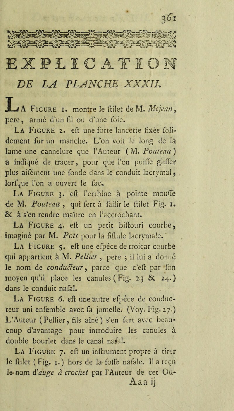 EXPLÏCATÏO DE LA PLANCHE XXXIL A Figuré i. montre !e ftilet de M. Mqeafiy pere, armé d’un fil ou d’une foie. La Figure z. eft une forte lancette fixée foli- dement fur un manche. L’on voit le long de là lame une cannelure que l’Auteur ( M. Fouteau ) â indiqué de tracer, pour que l’on puiue glifler plus aifément une fonde dans le conduit lacrymal) lorfque l’on a ouvert le fac, La Figure 3. eft l’errhine à pointe moufie de M. Fouteau, qui fert à faifir le ftilet Fig. i. & à s’en rendre maître en l’accrochant. La Figure 4. eft un petit biftouri courbe, imaginé par M. Pott pour la fifiule lacrymale. La Figure 5. eft une efpéce de troicar courbe qui appartient à M. Peltier, pere 3 il lui a donné le nom de conducteur ^ parce que c’eft par fort moyen qu’il place les canules (Fig. 23 & 24.) dans le conduit nafal. La Figure 6. eft une autre efpéce de conduc¬ teur uni enfemble avec fa jumelle. (Voy. Fig. 27.) L’Auteur (Pellier, fils aîné) s’en fert avec beau¬ coup d’avantage pour introduire les canules à double bourlet dans le canal nafal. La Figure 7. eft un infiniment propre à tirer le ftilet (Fig. 1.) hors de la fefte nafale. 11 a reçu Iq-nom d'auge à crochet par l’Auteur de cet Ou- Aaa ij