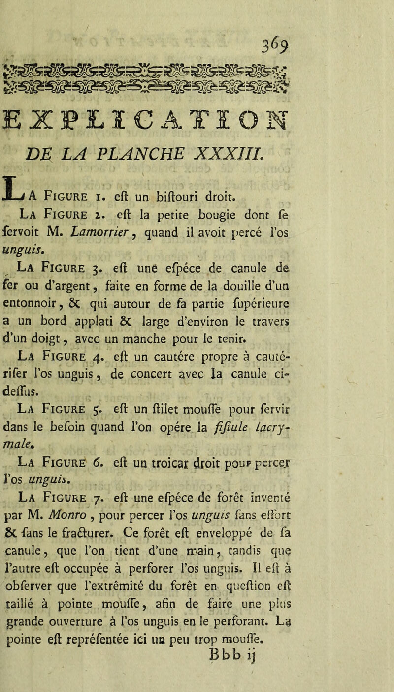 EXF£ïGx4.TÏO DE LA PLANCHE XXXIII. ÎjA Figure i. eft un biftouri droit. La Figure z. eft la petite bougie dont fè fervoit M. Lamorrier, quand il avoir percé l’os unguis. La Figure 3. eft une efpéce de canule de fer ou d’argent, faite en forme de la douille d’un entonnoir, ôc qui autour de fa partie fupérieure a un bord applati & large d’environ le travers d’un doigt, avec un manche pour le tenir. La Figure 4. eft un cautère propre à cauîé- rifer l’os unguis, de concert avec la canule ci- deftlis. La Figure 5. eft un ftilet moufle pour fervir dans le befoin quand l’on opère la fijîule Lacry-^ male, La Figure 6. eft un troicai droit pour perce.r l’os unguis. La Figure 7. eft une efpéce de forêt inventé par M. Monro , pour percer l’os unguis fans effort & fans le fraéturer. Ce forêt eft enveloppé de fa canule, que l’on tient d’une main, tandis que l’autre eft occupée à perforer l’os unguis. Il eft à obferver que l’extrémité du forêt en queftion eft taillé à pointe moufle, afin de faire une plus grande ouverture à l’os unguis en le perforant. La pointe eft repréfentée ici us peu trop moufle. Bbb ij