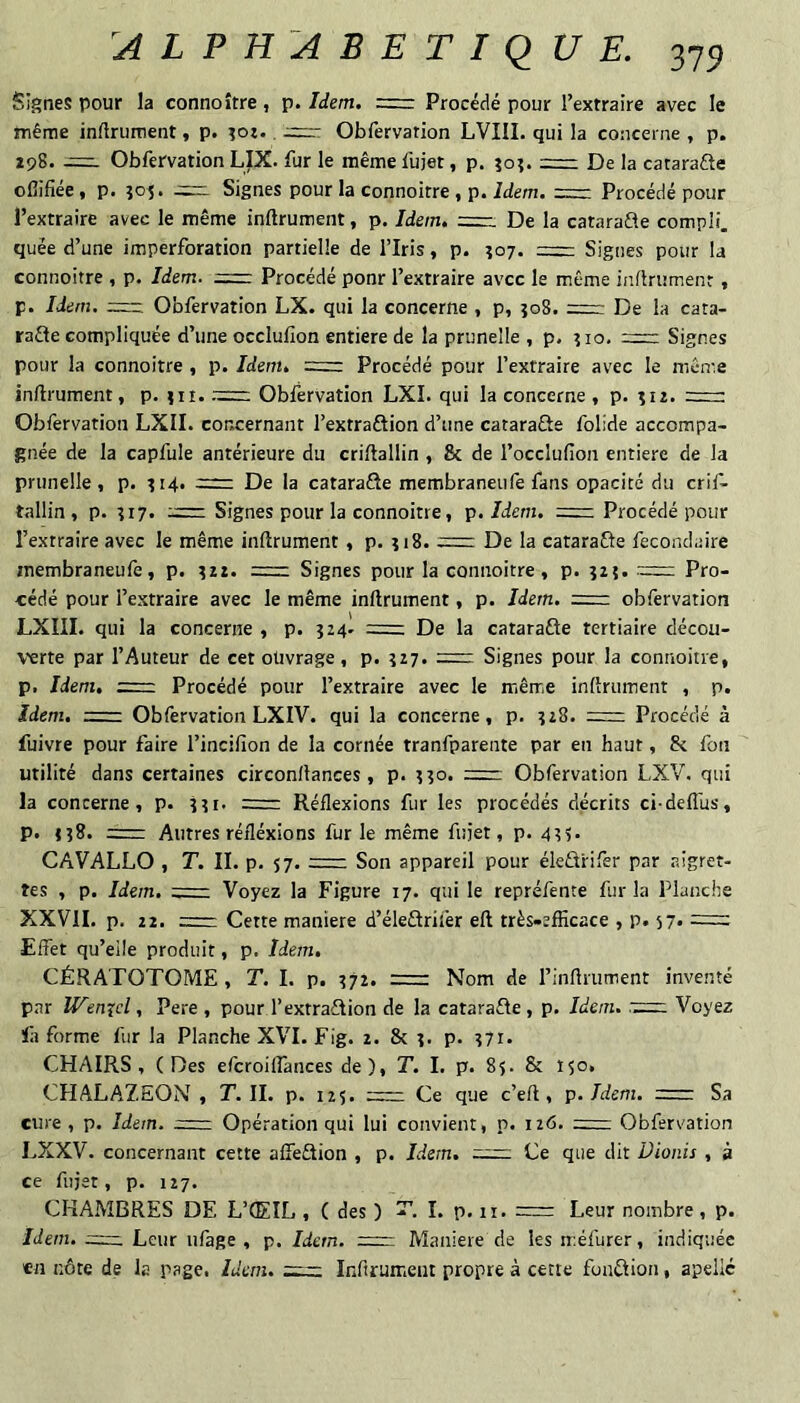 A LPH'A BETIQUE. 1,19 Signes pour la connoître, p. Idem. =r Procédé pour l’extraire avec le même inftruraent, p. ^oi.. .=:r: Obfervation LVIII. qui la concerne , p. Z98. -=1 Obfervation LIX. fur le même fujet, p. jo?. =— De la catarafte ofiifiée, p. îoj. .=r:i Signes pour la connoitre , p. Idem. --— Procédé pour l’extraire avec le même inftrument, p. Idem. De la catarafle compli. quée d’une imperforation partielle de l’Iris, p. Î07. - Signes pour la connoitre , p. Idem. = Procédé ponr l’extraire avec le même inflrumenr, p. Idem. :zz- Obfervation LX. qui la concerne , p, joS. — De la cata- rafle compliquée d’une occlufion entière de la prunelle , p. ijo. = Signes pour la connoitre , p. Idem. Procédé pour l’extraire avec le mên-.e inftrument, p. ^it. .-=r: Obfervation LXI. qui la concerne , p. îiz. r:—: Obfervation LXII. concernant l’extraftion d’une catarafte folide accompa¬ gnée de la capfule antérieure du criftallin , 8c de l’occlufion entière de la prunelle, p. Î14. = De la cataraCie membraneufe fans opacité du crif¬ tallin, p. Î17. Signes pour la connoitre, 'çs.Idem. = Procédé pour l’extraire avec le même inftrument, p. îi8. err- De la catarafte fecondaire membraneufe, p. = Signes pour la connoitre, p. jzj. Pro¬ cédé pour l’extraire avec le même inftrument, p. Idem. = obfervation LXIII. qui la concerne , p. Î24. = De la catarafte tertiaire décou- V'erte par l’Auteur de cet ouvrage, p. 527. = Signes pour la connoitre, p. Idem. = Procédé pour l’extraire avec le même inftrument , p. Idem. = Obfervation LXIV. qui la concerne, p. îz8. = Procédé à fuivre pour faire l’incifion de la cornée tranfparente par en haut, & fou utilité dans certaines circonftances, p. = Obfervation LXV. qui la concerne, p. —— Réflexions fur les procédés décrits ci-deflus, p. n8. = Autres réfléxio ns furie même fujet, p. 4?$. CAVALLO , T. IL p. 57. rcr- Son appareil pour éleûrifer par aigret¬ tes , p. Idem. -- Voyez la Figure 17. qui le repréfente fur la Planche XXVII. p. 22. cç— Cette maniéré d’éleélrifer eft très-efficace , p. 57» Effet qu’elle produit, p. Idem. CÉRATOTOME , T. I. p. ^72. rrr: Nom de l’inflrument inventé par Wen^cl, Pere , pour l’extraélion de la catarafle, p. Idem, Voyez lir forme fur la Planche XVI. Fig. 2. & t. p. î7i. CHAIRS, (Des efcroiffances de), T. I. p. 85. & 15°» CHALAZEON , T. IL p. 125. =: Ce que c’eft , p. Idem, errr Sa cure , p. Idem, eur- Opération qui lui convient, p. 126. Obfervation LXXV. concernant cette affeflion , p. Idem. —— Ce que dit Dionis , à ce fujet, p. 227. CHAMBRES DE L’(EIL , ( des ) ï’. I. p. 11. =rr Leur nombre, p. /iem. Leur iifage , p. Idem. Maniéré de lesméfurer, indiquée «n nôte de la page, Idem. =2:.— Inftrument propre à cette fonftion, apellc