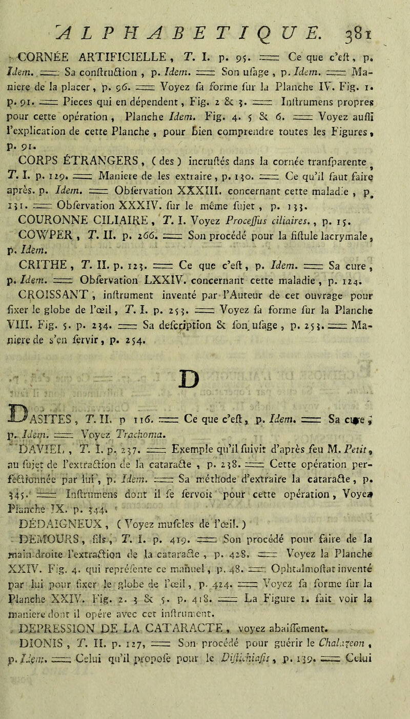 •CORNÉE ARTIFICIELLE, T. 1. p. 95- = Ce que c’eft, p. Hem. —— Sa conftruftion , p. Idem. —— Son ufage , p.Idem. = Ma¬ niéré de la placer, p. ç6. c— Voyez fa forme fur la Planche IV. Fig. i. Ç. 91. Pièces qui en dépendent, Fig. 2 & ?. = Inllrumens propres pour cette opération , Planche Idem. Fig. 4. 5 St 6. =r Voyez aufli l’explication de cette Planche , pour Lien comprendre toutes les Figures, p. 91. CORPS ÉTRANGERS , ( des ) incruflés d ans la cornée tranfparente ^ T. I. p. 129. =; Maniéré de les extraire, p. lîo. 2= Ce qu’il faut faire après, p. Idem. =: Obfervation XXXÏII. concernant cette maladie , p, i]i. = Obfervation XXXIV. fur le même fujet , p. ijj- COURONNE CILIAIRE , T. I. Voyez Procejfus ciliaires., p. ij. COWPER , T. II. p. 266. =: Son procédé pour la fiftule lacrymale, p. Idem. CRITHE , T. II. p. 12?. = Ce que c’eft, p. Idem, r— Sa cure, p.Idem. = Obfervation LXXIV. concernant cette maladie, p. 124. CROISSANT, inftrument inventé par l’Auteur de cet ouvrage pour fixer le globe de l’œil, T. I. p. 25?. =: Voyez fa forme fur la Planche VIII. Fig. s. p. 2 54» = Sa defcïiption & fon'ufage , p. 25?. =; Ma- pierede s’en fervir, p. 254. D -fi-^ASITES , T. IL p Ht), nrr: Ce que c’efi, p. Idem. =z Sa cure; p. Idem. =: Voyez Trackoma. ' DAVIEL , T. î. p. 2?7. = Exemple qu’il fuivit d’après feu M. Petite au fujet de l’extfaûion de la catarafle , p. 258. := Cette opération per- feClionnée par lui, p. Idem. Sa méthode d’extraire la catarafte, p. ?45. =: Inftrnmens dont il fe fervoit pour cette opération, Voye» Planche 7X. p. ?'44-. ' DÉDAIGNEUX , ( Voyez mufcles de i’csü. ) • DEMOURS, fils, T. î. p. 419. = Son procédé pour faire de la main.droite l’extraflion de la cataraSe , p. 428. Voyez la Planche XXIV. Fig. 4. qui repréfente ce manuel, p.48. Ophtalmofiatinventé par lui pour fixer le globe de l’œil, p. 424. nnr: Voyez fa forme fur la Planche XXIV. Fig. 2. ? & 5. p. 418. = La Figure i. fait voir la maniéré dont il opère avec cet inflrument. . DEPRESSION DE LA CATARACTE , voyez aballTemenr. DIONIS , T. II. p. 127, Son procédé pour guérir le ChaLi^een , p.emm Celui qu’il propofe pour le Vifikhia/is, p. fjp. zemz Celui