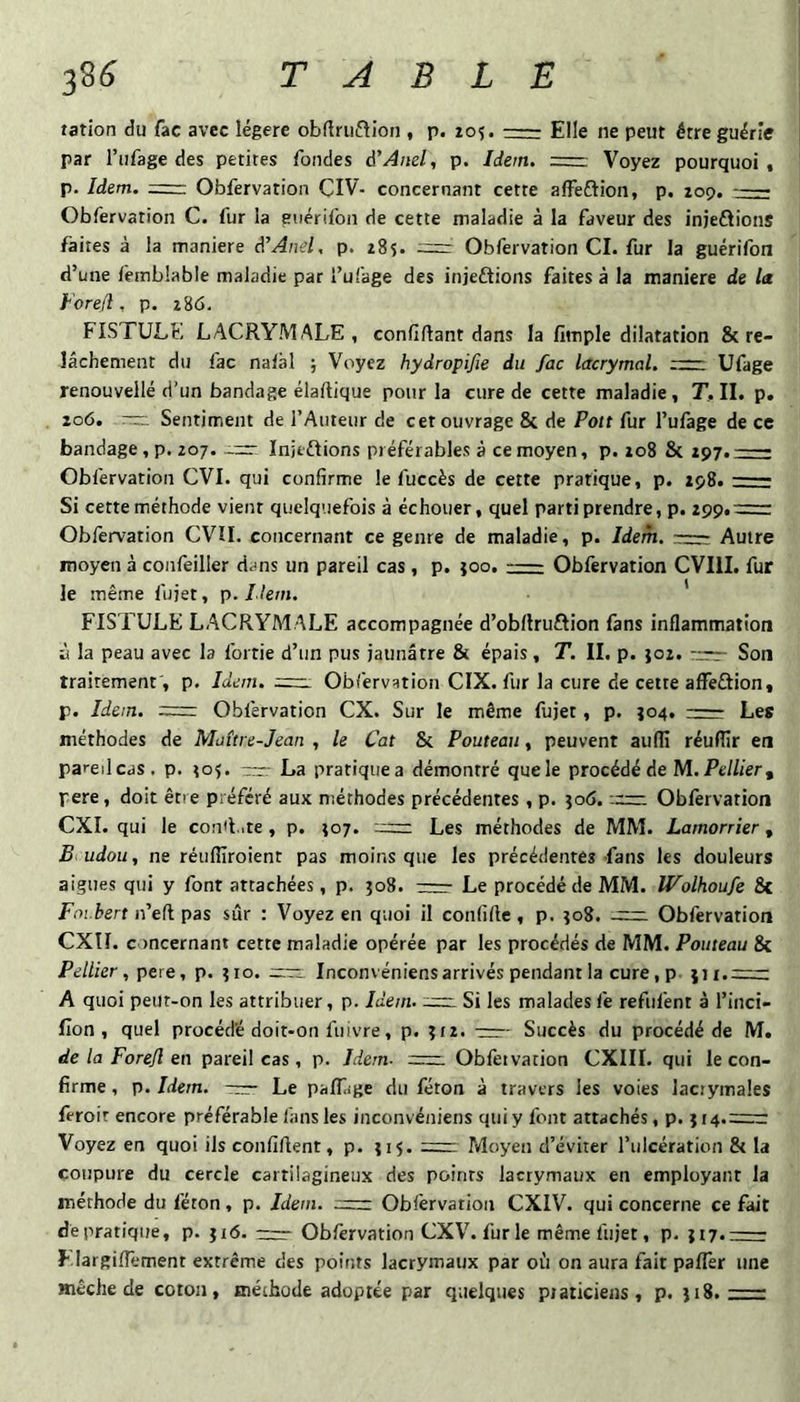 ration du fac avec légère obftruflion , p. zo?.-Elle ne peut être guérie par l’iifage des petites fondes à'Anel, p. Idem. = Voyez pourquoi, p. Idem. = Obfervation CIV- concernant cette afFeftion, p. 209.- Obfervation C. fur la enérifon de cette maladie à la faveur des injeftions faites à la maniéré d^Anel, p. 285. =r: Obfervation CI. fur la guérifon d’une femblable maladie par l’ufage des injeftions faites à la maniéré de la Fore/l, p. Z86. FISTULE LACRYMALE , confiftant dans la fimple dilatation & re¬ lâchement du fac nafâl ; Voyez hydropifie du fac lacrymal. Ufage renouvellé d’un bandage élaftique pour la cure de cette maladie, T. II. p. 106. — Sentiment de l’Auteur de cet ouvrage & de Pott fur l’ufage de ce bandage, p. 207. ïnjtftions préférables à ce moyen, p. 208 8c 297.-- Obfervation CVI. qui confirme le fuccès de cette pratique, p. 298.-- Si cette méthode vient quelquefois à échouer, quel parti prendre, p. 299. rc:— Obfervation CVÎI. concernant ce genre de maladie, p. Idem. Autre moyen à confeiller dans un pareil cas , p. }oo.-Obfervation CVIII. fur le même fujet, p. Idem. ' FISTULE LACRYMALE accompagnée d’obflruflion fans inflammation ù la peau avec la fortie d’un pus jaunâtre 8t épais, T. II. p. joz. rrrrr Son traitement', p. Idem. Obfervation CIX. fur la cure de cette affeûion, p. Idem. = Obfervation CX. Sur le même fujet, p. 104. -— Les méthodes de Muùre-Jean , le Cat Si Fouteau, peuvent auflî réuflîr en pareil cas. p. <05. zcr La pratique a démontré que le procédé de M. Pe///er, pere, doit être préféré aux méthodes précédentes, p. 306. -zzr: Obfervation CXI. qui le conifite, p. 307. Les méthodes de MM. Lamorrier, B udou, ne réulïïroient pas moins que les précédentes-fans les douleurs aigues qui y font attachées, p. 308. rrrr Le procédé de MM. IVolhoufe 8c foi.bert n’eft pas sur : Voyez en quoi il confifte , p. 308. —— Obfervation CXII. concernant cette maladie opérée par les procédés de MM. Pouteau 8c Pellier, pere, p. 310. Inconvéniens arrivés pendant la cure,p 311.=: A quoi peut-on les attribuer, p. Idem. Si les maladesfe refufent à l’inci- fion , quel procédé doit-on fuivre, p. 312. Succès du procédé de M. de la Forejl en pareil cas, p. Idem, czrcz. Obfetvation CXIII. qui le con¬ firme , p. Idem. Tzr- Le paflàge du féton à travers les voies lacrymales feroir encore préférable fans les inconvéniens qui y font attachés, p. 3 i4.=r Voyez en quoi ils confiflent, p. 315. =: Moyen d’éviter l’ulcération & la coupure du cercle cartilagineux des points lacrymaux en employant la méthode du féton, p. Idem. Obfervation CXIV. qui concerne ce fait de pratique, p. 316. r=r Obfervation CXV. furie même fujet, p. 317.- F largifTement extrême des points lacrymaux par oi'i on aura fait pafTer une mèche de coton, méthode adoptée par quelques praticiens, p. 318.-