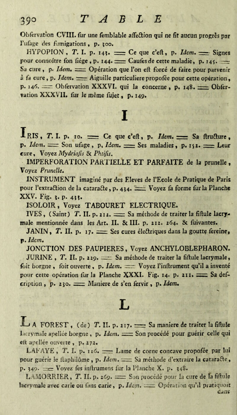 39° Ob/èrvatîon CVIII. fur une femblable affeâion qui ne fit aucun progrès par l’ufage des fumigations, p. îoo. HYPOPION , T. I. p. 14J. -Ce que c’eft, p. Idem. —- Signes pour connoître fon fiége , p. 144.-Caufèsde cette maladie, p. 145. Sa cure , p. Idem, == Opération que l’on eft forcé de faire pour parvenir à fa cure, p. Idem, rrr Aiguille particulièrepropofée pour cette opération, p. 146, Obfervation XXXVI. qui la concerne , p. 148.-Obfer- vation XXXVII, fur le même fujet, p. 149. I Iris, T.I. p. lo. = Cc que c’en, p. Idem.- Sa ftruSure, p. Idem. = Son ufage, p, Idem.-Ses maladies, p. 152.-Leur cure. Voyez Mydriajls & Phtifis. IMPERFORATION PARTIELLE ET PARFAITE de la prunelle , Voyez Prunelle. INSTRUMENT imaginé par des Eleves de l’Ecole de Pratique de Paris pour l’extraflion de la catarafte, p. 4^4. Voyez fa forme fur la Planche XXV. Fig. î.p. 4n. ISOLOIR, Voyez TABOURET ELECTRIQUE. IVES, (Saint) T. II. p. ziz.-Sa méthode de traiter la fiftule lacry¬ male mentionnée dans les Art. II. 8c III. p. ziz. 164. Sc fuivantes. JANIN, T. IL p. 17. = Ses cures éleftriques dans la goutte ièreine, p. Idem, JONCTION DES PAUPIERES, Voyez ANCHYLOBLEPHARON. JURINE , T, II. p. zzp. Sa méthode de traiter la fiftule lacrymale, lôit borgne , foit ouverte, p. Idem. Voyez l’inftrument qu’il a inventé pour cette opération fur la Planche XXXI. Fig. 14. p. zii, Sa def- cription , p. zjo. = Maniéré de s’en fervir, p. Idem, A FOREST , (de) T. II. p. Z17. -7— Sa maniéré de traiter la fifiule lacrymale apellée borgne , p. Idem. =. Son procédé pour guérir celle qui e(l apellée ouverte , p. Z7Z. LAFAYE , T. I. p. it6. - Lame de corne concave propofée par lui pour guérir le ftaphilôme , p. Idem, r.= Sa méthode d’extraire la cataraéle, p. 349. —.r- V’oyez lès inftrumens fur la Planche X. p. ^48. LAMORRIER, T. II. p. zCp. Son procédé pour la cure de fa fiftule lacrymale avec carie ou fans carie, p. Idem. Opération qu’il piatiquoit dans