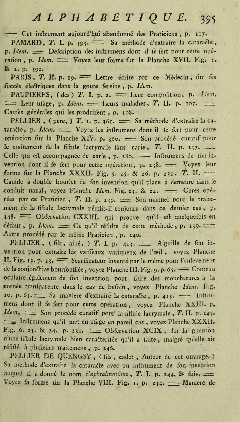 *-— Cet inftrument aujourd’hui abandonné des Praticiens, p. iij- PAMARD, T. I. p. Î9Î. - Sa méthode d’extraire la catarafle, p. Idem. - Delcription des inltrumens dont il fe fert pour cette opé¬ ration , p. Idem, := Voyez leur forme fur la Planche XVII. Fig. i. & I. p. Î92. PARIS , T. II. p. 19. - Lettre écrite par ce Médecin, fur Tes lùccès éleftriques dans la goûte fereine, p. Idem, PAUPIERES, (des) T. I. p. i. = Leur compofition, p. Idem. = Leur ufage, p. Idem. —~ Leurs maladies, T. II. p. 107. rr-- Caufes générales qui les produilent , p. 108. PELLIER , ( pere, ) T. 1. p. }6i. rrrc: Sa méthode d’extraire la ca- tarafle, p. Idem. =: Voyez les inftrumens dont il le fert pour cette opération fur la Planche XIV. p. j6o. - Son procédé curatif pour le traitement de la fiftule lacrymale fans carie , T. II. p. 2^7. Celle qui eft accompagnée de carie , p. 280. ■= InRrumens de Ibn in¬ vention dont il fe fert pour cette opération, p. 258. - Voyez leur forme fur la Planche XXXII. Fig. 5. 25. & 26. p. 2U, T. II. = Canule à double bourlet de fon invention qu’il place à demeure dans le conduit nazal, voyez Planche Idem. Fig. 2?. & 24. - Cures opé¬ rées par ce Praticien , T. II. p. 2^9. — Son manuel pour le traite¬ ment de la fiftule lacrymale réuffit-il toujours dans ce dernier cas, p. î48. = Obfervation CXXIII. qui prouve qu’il eft quelquefois en défaut, p. Idem. Ce qu’il réfulte de cette méthode, p. 259. Autre procédé par le même Praticien , p. 240. PFLLIER, (fils, aîné, ) T, I. p. 41?. - Aiguille de fon in¬ vention pour extraire les vaifTeaux variqueux de l’oeil , voyez Planche H. Fig. t2. p. 2?. ^—- Scarificateur inventé par le même pour l’enlèvement de la conjonftive bourfoufflée, voyez PlancheIII. Fig. 9.p.65.^^= Couteau oculaire également de fon invention pour faire des mouchetures à la cornée tranfparente dans le cas de befoin, voyez Planche Idem. Fig. 10. p. 65.== Sa maniéré d’extraire la catarafte , p. 41?. - Inftiu- mens dont il fe fert pour cette opération, voyez Planche XXIII. p. Idem, =: Son procédé curatif pour la fiftule lacrymale, T. II. p. 24?. Inftrumens qu’il met en ufage en pareil cas , voyez Planche XXXIf. Fig. 6. 2?. 8c 24. p. 2ÎI. = Obfervation XCÎX , fur la guérifon d’une fiftule lacrymale bien caraélérifée qu’il a faite , malgré qu’elle ait réfifté à plufieurs traitemens, p. 246. PELLIER DE QUENGSY , ( fils, cadet , Auteur de cet ouvrage. ) Sa méthode d’extraire la catarafte avec un inftrument de fon invention auquel il a donné le nom ÿophtalmoiôme , T. I. p. 244, 8t lùiv. =;