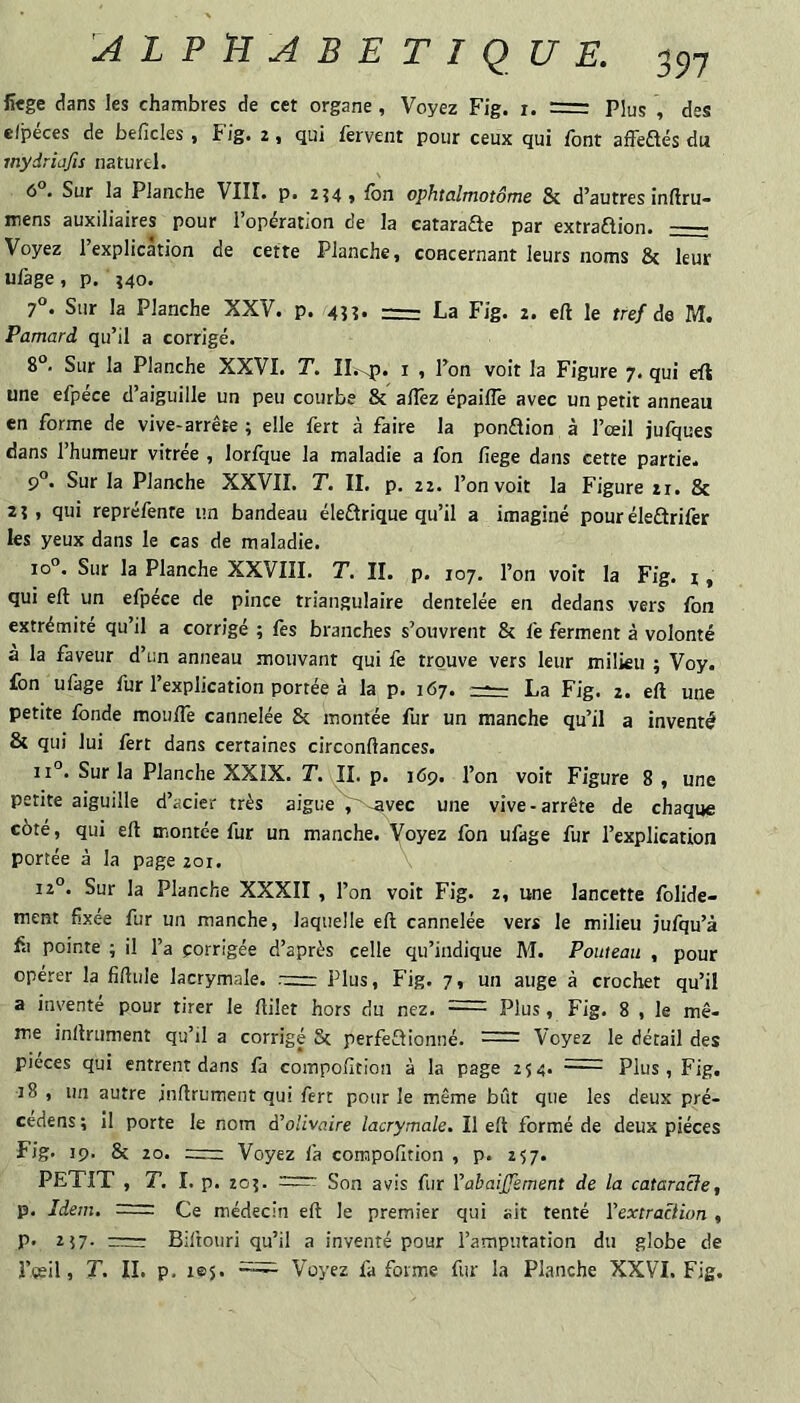 fifge dans les chambres de cet organe , Voyez Fig. i. Plus , des elpéces de beficles , Fig. 2, qui fervent pour ceux qui font affedés du mydriafis naturel. 6 . Sur la Planche VIII. p. 254, fbn ophtalmotôme & d’autres inftru- mens auxiliaires pour l’opération de la catarafte par extraftion. - Voyez 1 explication de cette Planche, concernant leurs noms & leur ufage, p. î4o. 7“. Sur la Planche XXV. p. 4??. = La Fig. 2. eft le fre/de M. Pamard qu’il a corrigé. 8°. Sur la Planche XXVI. T. II.-^. i , l’on voit la Figure 7. qui efl une efpéce d’aiguille un peu courbe & aflêz épaiflê avec un petit anneau en forme de vive-arrête ; elle fert à faire la ponflion à l’œil jufques dans l’humeur vitrée , lorfque la maladie a fon fiege dans cette partie. 9°. Sur la Planche XXVII. T, II. p. 22. l’on voit la Figure 21. & 2? , qui repréfente im bandeau éleftrique qu’il a imaginé pouréleélrifer les yeux dans le cas de maladie. 10”. Sur la Planche XXVIII. T. II. p. 107. l’on voit la Fig. i, qui eft un efpéce de pince triangulaire dentelée en dedans vers fon extrémité qu’il a corrigé ; fes branches s’ouvrent & fe ferment à volonté à la faveur d’un anneau mouvant qui fe trouve vers leur milieu ; Voy. fon ufage fur l’explication portée à la p. 167. La Fig. 2. eft une petite fonde mouflê cannelée & montée fur un manche qu’il a inventé 8t qui lui fert dans certaines circonftances. 11°. Sur la Planche XXIX. T. II. p. 169. l’on voit Figure 8 , une petite aiguille d’acier très aigueV^vec une vive-arrête de chaque côté, qui eft montée fur un manche, yoyez fon ufage fur l’explication portée à la page 201. 12°. Sur la Planche XXXII , l’on voit Fig. 2, une lancette folide- ment fixée fur un manche, laquelle eft cannelée vers le milieu jufqu’à fo pointe ; il l’a corrigée d’après celle qu’indique M. Fouteau , pour operer la fiftule lacrymale, .-crr: Plus, Fig. 7, un auge à crochet qu’il a inventé pour tirer le ftüet hors du nez. - Plus, Fig. 8 , le mê¬ me inftrument qu’il a corrigé St perfeftionné. Voyez le détail des pièces qui entrent dans fa compofition à la page 254* - Plus, Fig. 18 , un autre inftrument qui fert pour le même bût que les deux pré- cedens ; il porte le nom d’olivaire lacrymale. Il eft formé de deux pièces Fig. 19. & 20. = Voyez fa compofition , p. 257. PETIT , T. I. p. zo?.-Son avis fur VabaiJJhment de la cataracfe, p. Idem. Ce médecin eft le premier qui ait tenté Vextratlion , p. 257. Biftouri qu’il a inventé pour l’amputation du globe de l’œil, T. II. p. lej. Voyez fa forme fur la Planche XXVI. Fig.