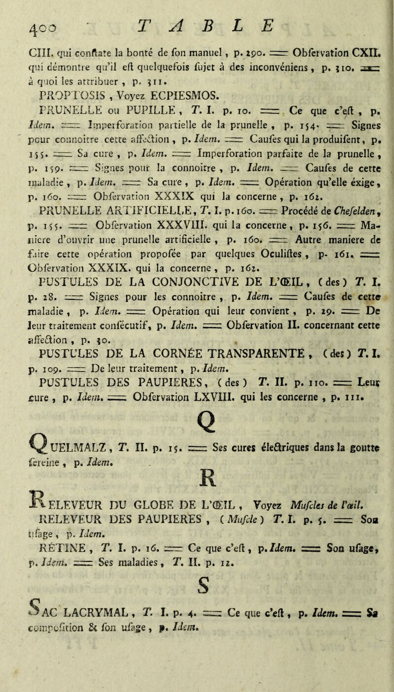 cm. qui conftaîe la bonté de fon manuel, p. zpo. Obfcrvatîon CXIL qui démontre qu’il efl quelquefois fujet à des inconvéniens, p. îio. -rr— à quoi les attribuer , p. îii. rilOPI OSIS , Voyez ECPIESMOS. PHUNELLE ou PUPILLE , T. I. p. lo. =. Ce que c’^ft , p. Idem. = Imperforation partielle de la prunelle , p. 154. a—: Signes peur connoitre cette afteftion , p. Idem. Caufes qui la produifènt, p. 155. =; Sa cure , p. Idem. == Imperforation parfaite de la prunelle, p. 15p. Signes pour la connoitre, p. Idem. ._n:r Caufes de cette maladie , p. Idem. = Sa cure , p. Idem. = Opération qu’elle éxige, p. 160. Obfervation XXXIX qui la concerne , p. i6i. PRUNELLE ARTIFICIELLE, T. I. p. 160. = Procédé de Chefelden, p. 155. Obfervation XXXVIII. qui la concerne, p. 156. =r Ma¬ niéré d’ouvrir une prunelle artificielle , p. 160. Autre maniéré de Elire cette opération propofée par quelques Oculiftes, p- 161. = Obfervation XXXIX. qui la concerne , p. i6i. PUSTULES DE LA CONJONCTIVE DE L’ŒIL, (des) T. I. p. 18. =: Signes pour les connoitre , p. Idem. =: Caufes de cette maladie , p. Idem. ==z Opération qui leur convient , p. 29. = De leur traitement confécutif, p. Idem. Obfervation II. concernant cette affeétion , p. }o. PUSTULES DE LA CORNÉE TRANSPARENTE , ( des ) T. I. p. 109. = De leur traitement, p.Idem. PUSTULES DES PAUPIERES, (des) T. IL p. no. =: Leur £ure , p. Idem. Obfervation LXVIII. qui les concerne , p. ni. ^^UELMALZ, T. II. p. ij. Ses cures éleâriques dans la goutte Ecreine , p. Idem. \ ELEVEUR DU GLOBE DE L’ŒIL , Voyez Mufdes de l'œil. RELEVEUR DES PAUPIERES , ( Mufde ) T. I. p. j. — Soa tifage, p. Idem. RÉTINE , T. I. p. 16. Ce que c’eft, p.Idem. = Soa ufàge, p. Idem. = Ses maladies, T. II. p. 12. Sac LACRYMAL, T. I. p. 4. = compefition & fon uEage , p. Idem. Ce que c’ell, p. Idem. =; Sa