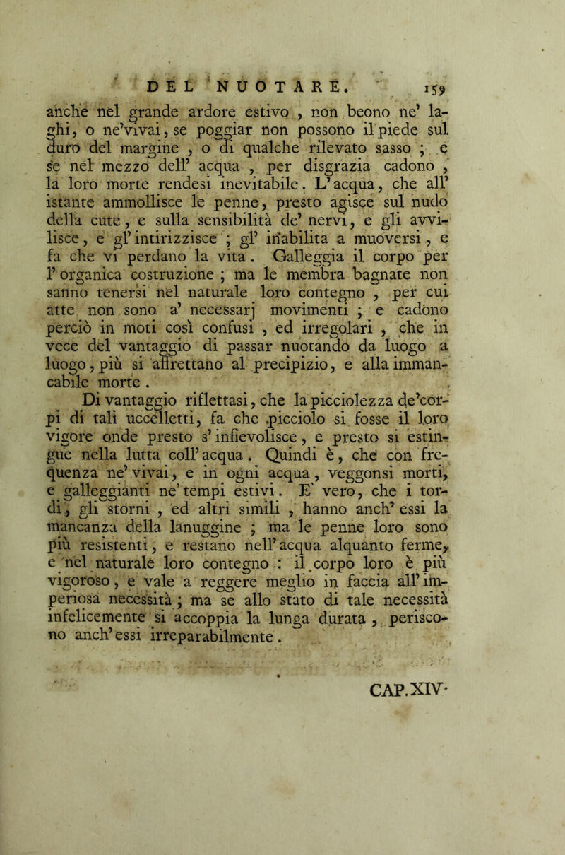 anche nel grande ardore estivo , non beono ne’ la- ghi, o ne’vivai, se poggiar non possono il piede sul auro del margine , o di qualche rilevato sasso ; e se nel mezzo dell’ acqua , per disgrazia cadono , la loro morte rende si inevitabile. L’acqua, che all’ istante ammollisce le penne, presto agisce sul nudo della cute, e sulla sensibilità de’ nervi, e gli avvi- lisce , e gl’ intirizzisce ; gl’ inabilita a muoversi, e fa che vi perdano la vita . Galleggia il corpo per l’ organica costruzione ; ma le membra bagnate non sanno tenersi nel naturale loro contegno , per cui atte non sono a’ necessarj movimenti ; e cadono perciò in moti così confusi , ed irregolari , che in vece del vantaggio di passar nuotando da luogo a luogo, più si affrettano al precipizio, e alla imman- cabile morte. i Di vantaggio riflettasi, che la piccolezza de’cor- pi di tali uccelletti, fa che .picciolo si fosse il loro vigore onde presto s’infievolisce, e presto si estin- gue nella lutta coll’ acqua . Quindi è, che con fre- quenza ne’vivai, e in ogni acqua, veggonsi morti, e galleggianti ne’ tempi estivi. E' vero, che i tor- di , gli storni , ed altri simili , hanno anch’ essi la mancanza della lanuggine ; ma le penne loro sono più resistenti, e restano nell’acqua alquanto ferme,, e nel naturale loro contegno : il . corpo loro è più vigoroso, e vale a reggere meglio in faccia all’im- periosa necessità ; ma se allo stato di tale necessità infelicemente si accoppia la lunga durata , perisco- no anch’essi irreparabilmente. CAP. XIV*