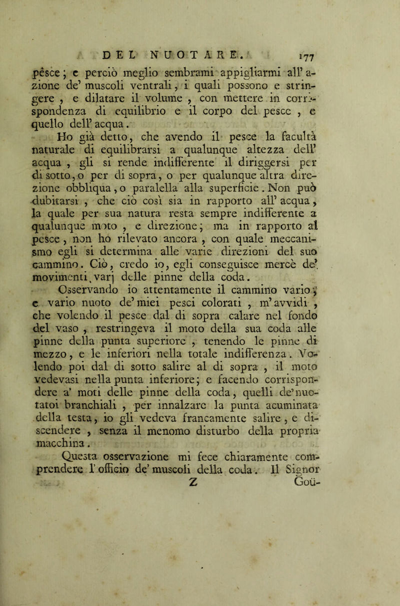 pésce ; c perciò meglio sembrami appigliarmi all’ a- zione de’ muscoli ventrali, i quali possono e strin- gere , e dilatare il volume , con mettere in corri- spondenza di equilibrio e il corpo del pesce , e quello dell’ acqua. Ho già detto, che avendo il pesce la facultà naturale di equilibrarsi a qualunque altezza dell’ acqua , gli si rende indifferente il diriggersi per di sotto, o per di sopra, o per qualunque altra dire- zione obbliqua , o paralella alla superficie . Non può dubitarsi , che ciò così sia in rapporto all’ acqua, la quale per sua natura resta sempre indifferente a qualunque moto , e direzione ; ma in rapporto al pesce , non ho rilevato ancora , con quale meccani- smo egli si determina alle varie direzioni del suo cammino. Ciò, credo io, egli conseguisce mercè de’ movimenti^varj delle pinne della coda. Osservando io attentamente il cammino vario ,' c vario nuoto de’ miei pesci colorati , m’avvidi , che volendo il pesce dal di sopra calare nel fondo del vaso , restringeva il moto della sua coda alle pinne della punta superiore , tenendo le pinne di mezzo, e le inferiori nella totale indifferenza. Vo- lendo poi dal di sotto salire al di sopra , il moto vedevasi nella punta inferiore; e facendo corrispon- dere a’ moti delle pinne della coda, quelli de’nuo- tatoi branchiali , per innalzare la punta acuminata della testa, io gli vedeva francamente salire, e di- scendere , senza il menomo disturbo della propria macchina. Questa osservazione mi fece chiaramente com- prendere I officio de’muscoli della coda. Il Signor . Z Goti-