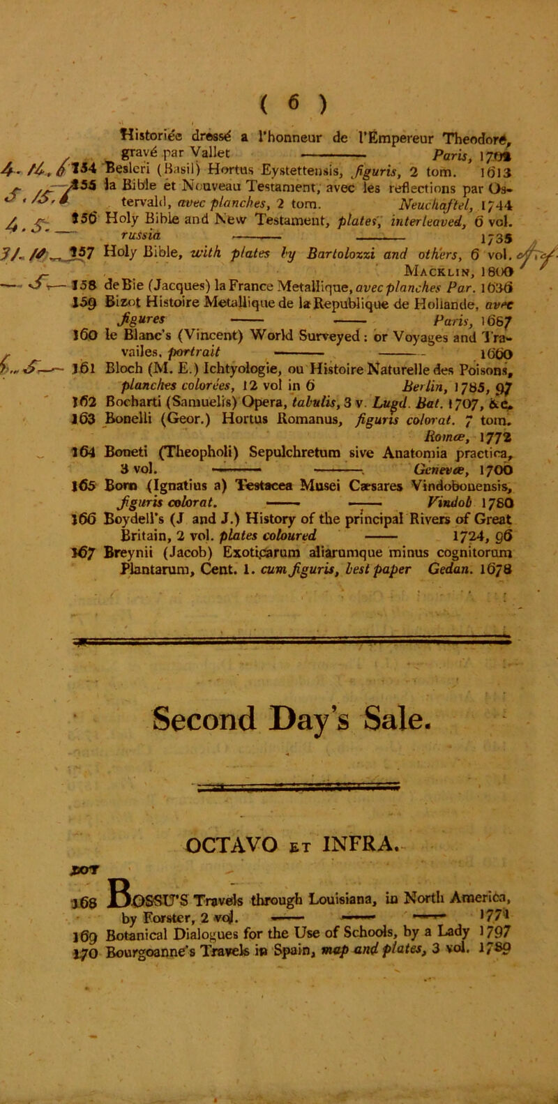 4. H. /*« S.&t* 4.SiJ* 3/. /* «7 Histories dressd gravd par Vallet a Phonneur de l’Empereur Theodor^, Paris, IJfit 1613 Beslcri (Basil) Hortus Eystettensis, Jguris, 2 tom. la Bible et Nouveau Testament, avec les reflections par Os» tervald, avec planches, 2 tom. Neuchaftel, ,[/44 Holy Bible and New Testament, plates', interleaved, 6 vol. russia 1735 Holy Bible, with plates hy Bartolozzi and others, 6 vol. LSr- J60 .161 Macklin, 18tX> deBie (Jacques) la France Metallique, avec planches Par. l0:«3 Bizot Histoire Metallique de laRepublique de Hohande, avec ^figures Paris, 1667 le Blanc’s (Vincent) World Surveyed : or Voyages and Tra- vailes. portrait UitjO 162 163 164 165 166 Bloch (M. E.) Ichtyologie, ou Histoire Naturelledes Poisons, planches colorees, 12 vol in 6 Berlin, 1785, 97 Bocharti (Samuelis) Opera, talulis,3 v Lugd. Bat. 1/07, ic. Bonelli (Geor.) Hortus ilomanus, figuns color at. 7 tom. Romce, \JTl Boneti (Theopholi) Sepulchretum sive Anatomia practica, 3 vol. - »• — - Gcnevte, 17OO Bona (Ignatius a) Testacea Musei Caesares Vindobouensis, Jigurts color at. —-— Vindob 176Q Boydell's (J and J.) History of the principal Rivers of Great Britain, 2 vol. plates coloured 1724, 96 Breynii (Jacob) Exotiparum aliarumque minus cognitorum Plantarum, Cent. 1. cumjiguris, lest paper Gedan. 1678 Second Day’s Sale. OCTAVO et INFRA. JDOT 168 B.OSSU-S Travels through Louisiana, in North America, by Forster, 2 voj. ■ - —— ■*771 169 Botanical Dialogues for the Use of Schools, by a Lady 1797 170 Bourgoanne’s Travels in Spain, map and plates, 3 vol. l?8p I