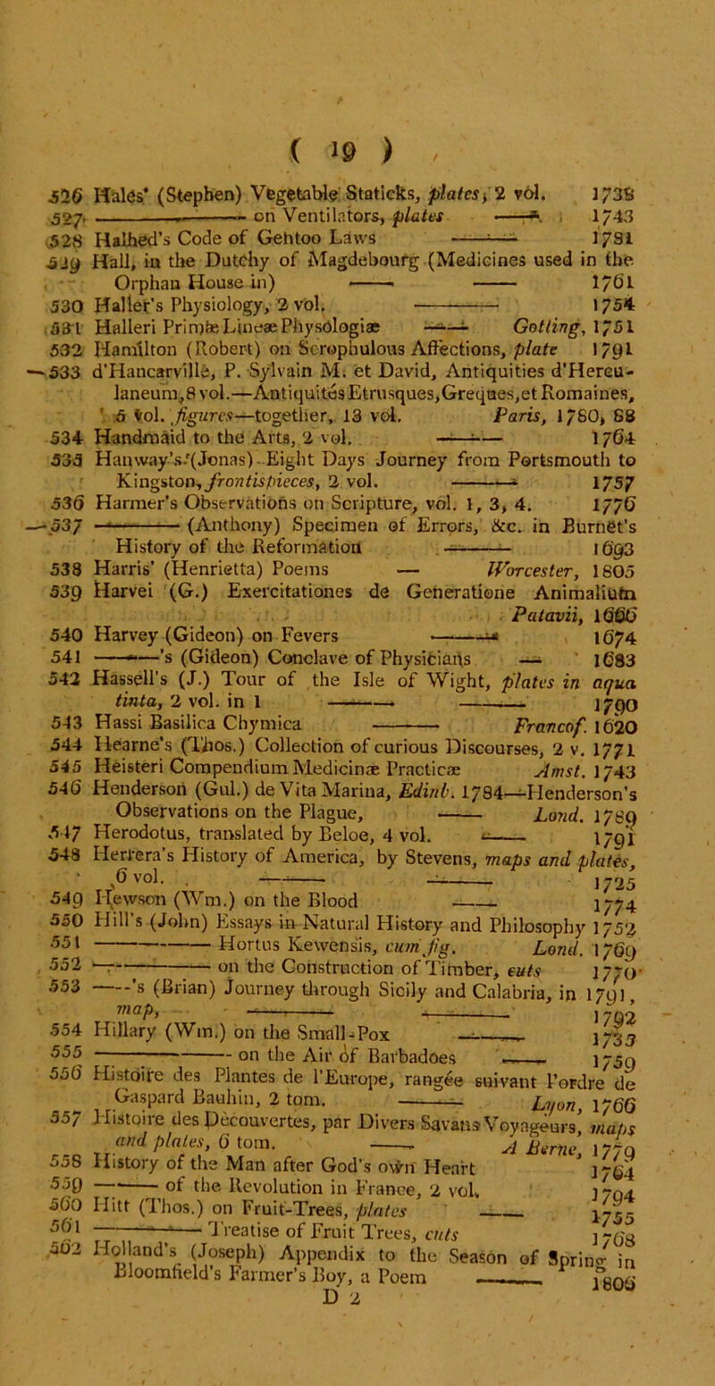 S’lO Males* (Stephen) Vegetable Staticks, plates} 2 vol. 173S 527' on Ventilators, plates ■—r*. 1/43 528 HalJhed’s Code of Gehtoo Laws ——- 1731 5Jy Hall, in the Dutchy of Magdebourg (Medicines used in the Orphan House in) 1761 530 Hallet’s Physiology, 2 vol. 1754 531 Halleri Prim&sLinesePhysdlogiae — — Gotling, 17SI 532 Hamilton (Robert) on Scrophulous Affections, plate 1791 '533 d’Hancarville, P. Sylvain M. et David, Antiquities d’Hereu- laneum,8 vol.—AntiquitesEtrusques,Greques,etRomaines, ' 5 Vol.\figurcti—together, 13 vol. Paris, 17S0> 88 534 Handmaid to the Arts, 2 vol. — 1764 333 Hanway’s.r( Jonas) - Eight Days Journey from Portsmouth to Kingston, frontispieces, 2 vol. — 1757 536 Harmer’s Observations on Scripture, vol. 1, 3, 4. 1776 -53/ — (Anthony) Specimen of Errors, ike. in Burnet’s History of the Reformation 1693 538 Harris’ (Henrietta) Poems — Worcester, 1805 539 Harvei (G.) Exercitationes de Generatione Animaliutn Patavii, 1666 540 Harvey (Gideon) on Fevers 1674 541 ■ ■■ -—'s (Gideon) Conclave of Physicians — 1683 542 Hassell’s (J.) Tour of the Isle of Wight, plates in aqua tvnta, 2 vol. in l . 1790 543 Hassi Basilica Chymica Francof. 1620 544 Ilearne’s (Thos.) Collection of curious Discourses, 2 v. 1771 545 Heisteri Compendium Medicinae Practicae Amst. 1743 546 Henderson (Gul.) de Vita Marina, Edinb. 1794-^-Henderson’s Observations on the Plague, Land. 1799 347 Herodotus, translated by Beloe, 4 vol. ^ 1/91 548 Herrera's History of America, by Stevens, maps and plates, 6 vol. — 1725 549 Iljewson (Win.) on the Blood iyy4 550 Hill’s (John) Essays in Natural History and Philosophy 1752 •551 Hortus Kewensis, cum jig. Land. 1769 552 — on the Construction of Timber, cuts 17JO' 553 ’s (Brian) Journey tlmough Sicily and Calabria, in 1791 map, -— * j ~Q2 554 Hillary (Win.) on the Small-Pox 555 -—■ on the Air d>f Barbadoes - - 175Q 556 flistoire des Plantes de l’Enrope, ran gee suivant 1’oFdre de Gaspard Bauhin, 2 tom. — Pyon, 1766 557 Histoire des Pccouvertes, par Divers SavansVoyngeurs! maps and plates, 6 tom. 4 Berne 1 558 History of the Man after God’s ovvn Heart ’ 174,4 509 —■ ot the Revolution in France, 2 vol, 1 ynj. 50o Hitt (Thos.) on Fruit-Trees, plates 17rr 561 * Treatise of Fruit Trees, cuts j r/jy 502 Holland’s (Joseph) Appendix to the Season of Sprino- jn Lloomfield’s Farmer’s Boy, a Poem —— D 2