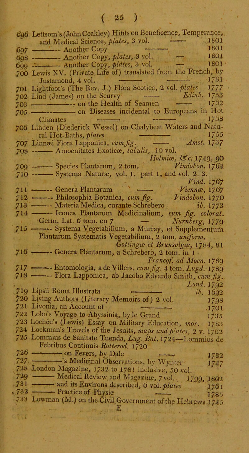 6g6 697 tigs 699 700 701 702 703 705 706 70 7 70S 709 710 71L 712 713 714 715 ( 25 ) Lettsom’s (John Coalcley) Hints-on Beneficence, Temperance,. and Medical Science, plates, 3 vol. ■ — 1801 Another Copy 1801 Another Copy, plates, 3 vol. — JSOl -ii—a Another Copy, pldtes, 3 vol. — 1801 Lewis XV. (Private Life of) translated from the French, by Justamond, 4 vol. 7— 1/81 Lightfoot’s (The Rev. J.) Flora Scotica, 2 vol. plates 1777 Lind (James) on the Scurvy Eainb. 1/53 on the Health of Seamen 17O2 on Diseases incidental to Europeans in Hot 1708 Climates 716 717 718 719 720 721 722 723 724 725 726 727 728 729 731 ► 732 733 Linden (Diederick Wessel) on Chalybeat Waters and Natu- ral Hot- Baths, plates < 1/55 Linnaei Flora Lapponica, cum jig. Amst, 1/37 Amoenitates Exoticae, tabulis, 10 vol. Iiolmice) te’c.1749, 9O —— Species Plantarum, 2 tom. Vindolon. 17G4 —— Systema Naturae, vol. 1. part 1. and vol. 2. 3. Find. 1767 Genera Plantarum ' Vienna?, 17O7 Philosophia Botanica, cum Jig. Pindolon. 1770 Materia Medica, curante Schrebero ib. 17/3 leones Plantarum Medicinalium, cum Jig. co/orat. Germ. Lat. 6 tom. en 7 — Nurnberg, 1779 —Systema Vegelabilium, a Murray, et Supplementum Plantarum Systematis Vegetabilium, 2 tom. uniform. Gotlinga; et Brunsvigce, 1784, 81 Genera Plantarum, a Schrebero, 2 tom. in 1 FrancoJ'. ad Moen. 1789 - Entomologia, adeVillers, cum Jig. Atom. Lugd. 1789 Flora Lapponica, ab Jacobo Edvardo Smith, cum Jig. Land. 1792 Lipsii Roma Illustrata — ib. 1692 Living Authors (Literary Memoirs of) 2 vol. Livonia, an Account of 1798 .1701 1/3.5 1783 1702 Lobo’s Voyage to Abyssinia, byle Grand Lochee’s (Lewis) Essay on Military Education, 7nor. Lockman’s Travels of the Jesuits,, maps and plates, 2 v Lommius de Sanitate Tuenda, Lug. Bat. 1724—Lommius de Febribus Continuis Rotterod. 1720 — — on Fevers, by Dale —— j 732 ’s Medicinal Observations, by Wynter 1747 London Magazine, 1732 to 178! inclusive, 50 vol, Medical Review and Magazine, 7 vol. 1/99, 1602 ■ and its Environs described, 0 vol. plates ~ 1761 Practice of Physic ] 735 L-owman (M.) on the Civil.Government of the Hebrews 1745 E