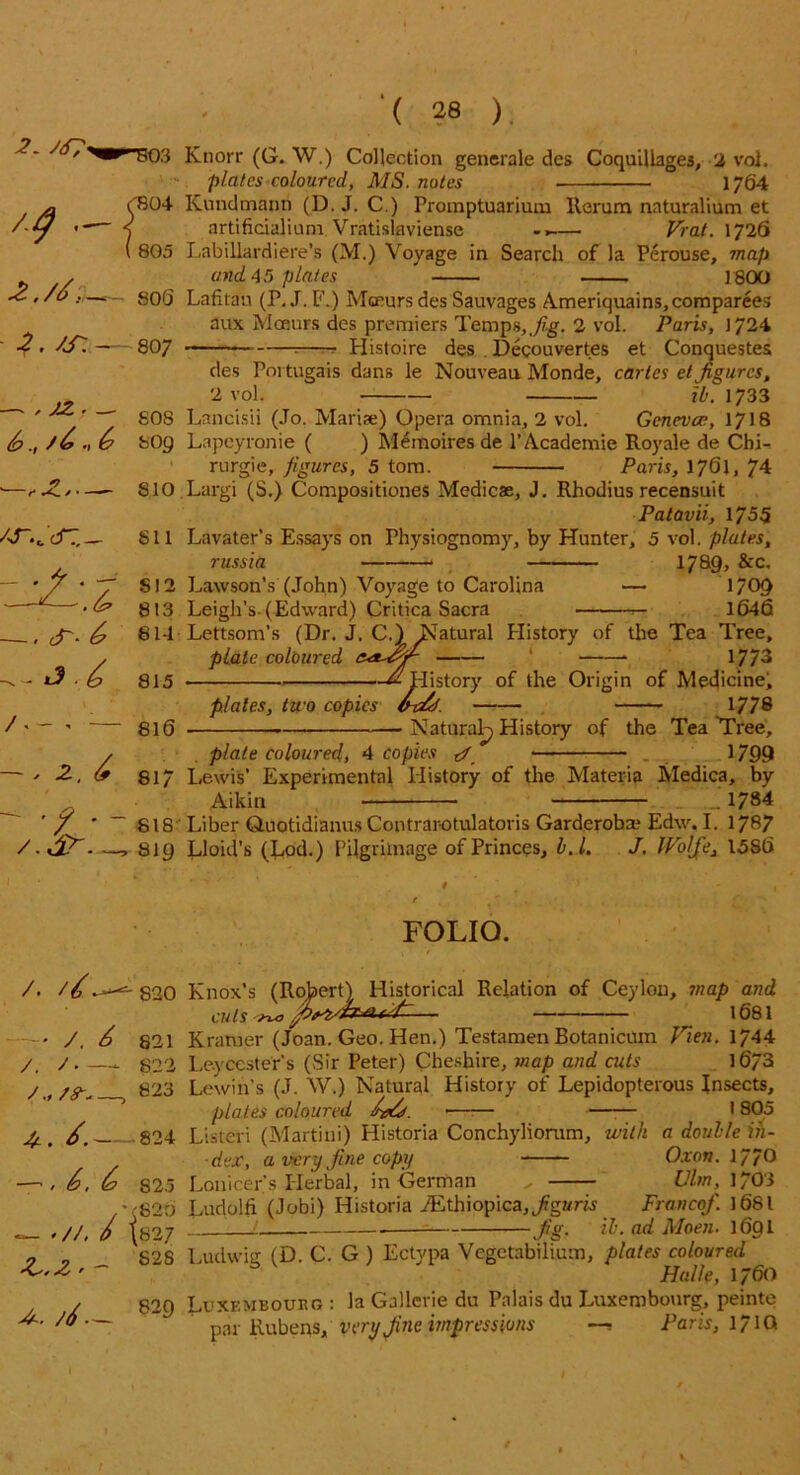 2- ^ ao.3 '■9 - r ( 805 2, soQ . /f: — 807 — , JZ . — g08 tog — ,JL. S10 »fc ci*^— 611 S12 — 813 —. «r- ^ 614 *3 ■ & 815 / ' 810 — .2.6 •( 28 ). Knorr (G. W.) Collection generate des Coquillages, 2 voi. plates coloured, MS. notes 1764 Kundmann (D. J. C.) Promptuarium lterum naturalium et artifidalium Vratislaviense — Vrat. 1726 Labillardiere’s (M.) Voyage in Search of la Perouse, map and 45 plates ‘ ] 800 Lafilau (P. J. F.) Mccurs des Sauvages Ameriquains,comparee3 aux Mccurs des premiers Temps, Jig. 2 voi. Paris, 1724 Histoire des . Decouvertes et Conquestes des Portugais dans le Nouveau Monde, cartes et figures, 2 vol. ib. 1733 Lancisii (Jo. Mariae) Opera omnia, 2 voi. Geneva;, 1718 Lapeyronie ( ) Memoiresde P Academic Royale de ChL rurgie, figures, 5 tom. Paris, 1761, 74 Largi (S.) Compositiones Medicae, J. Rhodius recensuit Patavii, 1755 Lavater’s Essays on Physiognomy, by Hunter, 5 voi. plates, russia 1789, &c. Lawson’s (John) Voyage to Carolina — T709 Leigh’s- (Edward) Critica Sacra 1646 Lettsom’s (Dr. J. C.) Natural Plistory of the Tea Tree, plate coloured 1773 plates, two copies - History of the Origin of Medicine, tab 1778 /.i> 817 818 819 NaturaL) History of the Tea Tree, plate coloured, 4 copies J 1799 Lewis’ Experimental History of the Materia Medica, by Aikin Jl784 Liber Quotidianus Contrarotulatoris Garderoba* Edw. I. 1787 Lloid’s (Lod.) Pilgrimage of Princes, b.l. J. lVolfiex 1586 FOLIO. /. 820 -•/. 6 821 /. /—j. 822 823 /. ■ 824 —-■, 6>, & S25 i;820 — *//, / \827 > - S2S 4-. //.— 829 Knox’s (Robert) Historical Relation of Ceylon, map and cuts-™ - 1681 Kramer (Joan. Geo. Hen.) Testamen Botanicum Vien. 1744 Leicester's (Sir Peter) Cheshire, map and cuts 1673 Lewin’s (J. W.) Natural History of Lepidopterous Insects, plates coloured •—-— 1 805 Listen (Martini) Historia Conchylioram, with a double in- dex, a very fine copy Ox on. 1770 Lonicer.’s Herbal, in German „ Ulm, 1703 Ludolti (Jobi) Historia jHthiopica,/g?/TO Franco]'. 1681 L fig. ib. ad Moen. 1691 Ludwig- (D C. G ) Ectvpa Vegetabilium, plates coloured h Halle, 1760 Luxembourg : la Gallerie du Palais du Luxembourg, peinte par Rubens, very fine impressions —, Paris, 17 IQ
