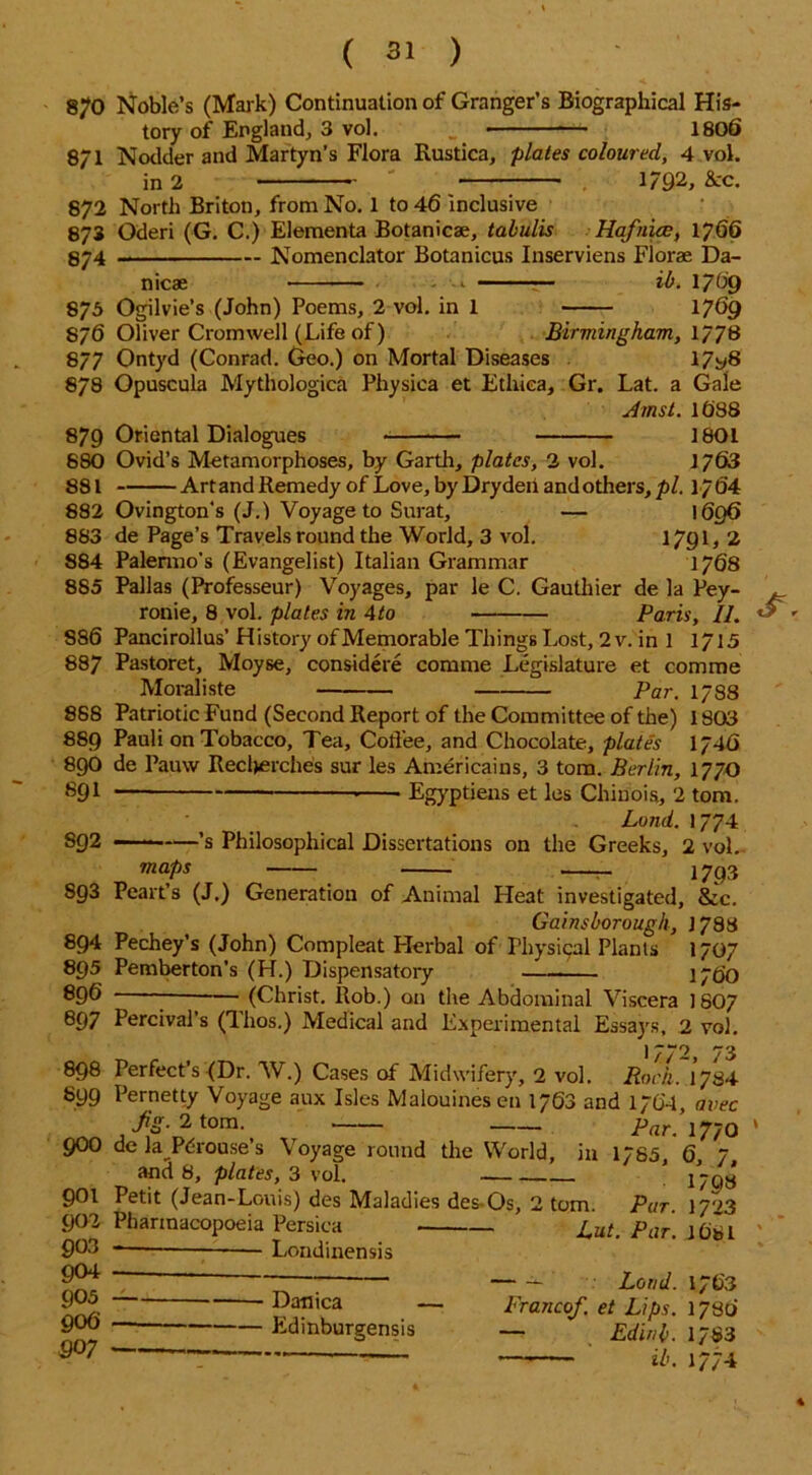 8?0 Noble’s (Mark) Continuation of Granger’s Biographical His- tory of England, 3 vol. 1806 8/1 Nodder and Martyn’s Flora Rustica, plates coloured, 4 vol. in 2 1/92, &c. 872 North Briton, from No. 1 to 46 inclusive 873 Oderi (G. C.) Elementa Botanic*, talulis Hafniee, 1766 874 Nomenclator Botanicus Inserviens Fiorae Da- nicae - ib. I/69 875 Ogilvie’s (John) Poems, 2 vol. in 1 1769 876 Oliver Cromwell (Life of) Birmingham, 1778 877 Ontyd (Conrad. Geo.) on Mortal Diseases 17y8 878 Opuscula Mythologica Physica et Ethica, Gr. Lat. a Gale Amst. 1088 879 Oriental Dialogues — 1801 880 Ovid’s Metamorphoses, by Garth, plates, 2 vol. 1763 881 Ar t and Remedy of Love, by Drydeh and others, pi. 1/64 882 Ovington's (J.) Voyage to Surat, — 1696 883 de Page’s Travels round the World, 3 vol. 1791, 2 884 Palermo’s (Evangelist) Italian Grammar 1768 885 Pallas (Professeur) Voyages, par le C. Gauthier de la Pey- ronie, 8 vol. plates in 4to Paris, II. 886 Pancirollus’ History of Memorable Things Lost, 2 v. in 1 1/15 887 Pastoret, Moyse, considere comme Legislature et com me Moraliste Par. 1/88 888 Patriotic Fund (Second Report of the Committee of the) 1803 889 Pauli on Tobacco, Tea, Coffee, and Chocolate, plate's 1746 890 de Pauvv Recherche's sur les Americains, 3 tom. Berlin, 1770 891 Egyptiens et les Cliinois, 2 tom. Lond. 1774 sg2 ————’s Philosophical Dissertations on the Greeks, 2 vol.- maps 1793 893 Peart’s (J.) Generation of Animal Heat investigated, &c. Gainsborough, 1783 894 Pechey’s (John) Com pleat Herbal of Physical Plants 1707 895 Pemberton’s (H.) Dispensatory 1760 896 — (Christ. Rob.) on the Abdominal Viscera 1807 897 Percival’s ('lhos.) Medical and Experimental Essays, 2 vol. j '““9 898 Perfect’s (Dr. W.) Cases of Midwifery, 2 vol. Rock. 1784 899 Pernetty Voyage aux Isles Malouinesen 1763 and 17O4, avec fg.2 tom. Par'1770 QOO de la Pdrouse’s Voyage round the World, in 1/85, 6, 7, and 8, plates, 3 vol. * /-gy 901 Petit (Jean-Louis) des Maladies des-Os, 2 tom. Par. 1703 902 Pharmacopoeia Persica La/. Par. 16b l 903 904 905 906 907 Londinensis Danica — — Edinburgensis — — Lond. 1/63 Franco/, et Lips. 1786 — Edirtb. 1783 — ib. 1//4