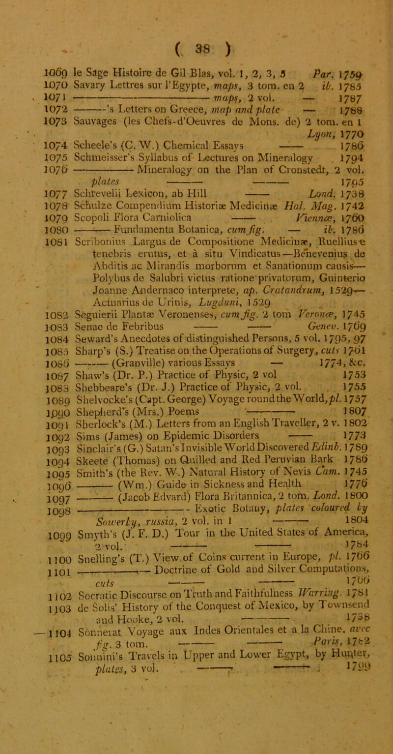 J06() le Sage Histoire de Gil Bias, vol. 1, 2, 3, 3 Par. 1759 1070 Savary Lettres sur l’Egypte, maps, 3 tom. en 2 ib. 1785 1071 7napf, 2 vol. — 1/87 1072 ’s Letters on Greece, map and plate — 1788 1073 Sauvages (les Chefs-d’Oeuvres de Mons. de) 2 tom. en 1 Lyon, 1770 1074 Scheele’s (C, W.) Chemical Essays 178(5 1075 Schmeisser’s Syllabus of Lectures on Mineralogy 1794 107(5 Mineralogy on the Plan of Cronstedt, 2 vol. plates 1795 1077 Sclil'evelij Lexicon, ab Hill Land. \y38 1078 Schulze Compendium Historiae Medicinae Hal. Mag. 1742 1079 Scopoli Flora Carniolica Vienna:, 176O 1080 Fundamenta Botanica, cum jig. — ib. 1786 1081 Scribonius Largus de Compositione Medicinae, Ruellius-e tenebris erutus, et a situ Vindicatus—Be*nevenius de Abditis ac Mirandis morborum et Sanationum causis— Poly bus de Salubri victus rationeprivatorum, Guinterio Joanne Andernaco interprete, up. Cratandrum, 1529-^- Actuarius de Urinis, Lugduni, 1 52(j 1082 Seguierii Plantae Veronenses, cum Jig. 2 tom Veroncp, 1745 Senao de Febribus Genev. 17O9 1083 1084 1085 108(5 1087 1083 1089 1P90 10Q1 1092 1093 1094 1095 1096 1097 1098 1099 1 100 1101 1102 i;03 Seward’s Anecdotes of distinguished Persons, 5 vol. 1795, 97 Sharp’s (S.) Treatise on the Operations of Surgery, cuts 1701 (Granville) various Essays — 1774, &c. Shaw’s (Dr. P.) Practice of Physic, 2 vol 1753 Shebbeare’s (Dr. J.) Practice of Physic, 2 vol. 1755 Shelvocke’s (Capt. George) Voyage round the World, pi. \]bj Shepherd’s (Mrs.) Poems — 1807 Sherlock’s (M.) Letters from an English Traveller, 2 v. 1802 Sims (James) on Epidemic Disorders 1773 Sinclair’s (G.) Satan’s Invisible World Discovered Edinb. 1789 Skeete (Thomas) on Quilled and Red Peruvian Bark 17St) Smith’s (the Rev. W.) Natural History of Nevis Cam. 1745 (Wm.) Guide in Sickness and Health 177(5 (Jacob Edvard) Flora Britannica, 2 tom. Lond. 1800 Exotic Botany, plates coloured by Sowerhy, russia, 2 vol. in 1 1804 Smyth’s (J. F. D.) Tour in the United States of America, 2 vol. 1734 Snelling’s (T.) View.of Coins current in Europe, pi. 1 /06 ,— Doctrine of Gold and Silver Computations, cuts :— 1/b(> Socrntic Discourse on Truth and Faithfulness Warring. 1J81 dc Solis’ History of the Conquest of Mexico, by Townsend and Hooke, 2 vol. — 1738 1104 Sonnevat Voyage aux fig. 3 tom. Indes Orientales et a la Chine, avec Paris, 17^2 1105 Sonmni’s Travels in Upper and Lower Egypt, by Huqter, plates, 3 vol. j*