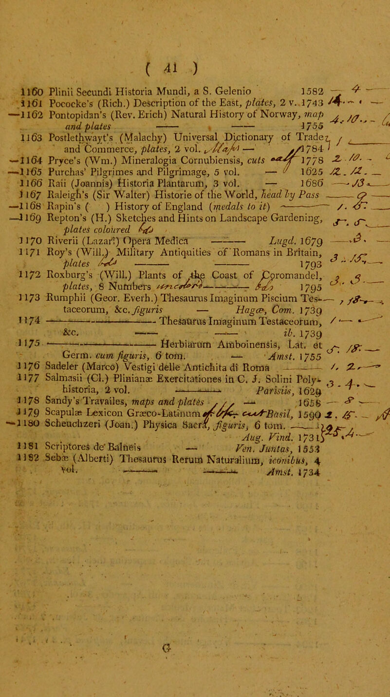 1160 Plinii Secundi Historia Mundi, a S. Gelenio 1582 4 — 1161 Pococke’s (Rich.) Description of the East, plates, 2 v. 1J43 ^4- ~ • — —1102 Pontopidan’s (Rev. Erich) Natural History of Norway, map , / and plates 1/55 ' * Li' 1163 Postlethwayt’s (Malachy) Universal Dictionary of Trader j and Commerce, plates, 2 vol. sttafA — .A 784- > —1164 Pryce’s (Wm.) Mineralogia Cornubiensis, cuts ‘ua4f A778 —1165 Purchas’ Pilgrimes arid Pilgrimage, 5 vol. — d 1625 1166 Raii (Joannis) Historia Plantarum, 3 vol. — 1680 1167 Raleigh’s (Sir Walter) Histone of the World, head by Pass . —1168 Rapin’s ( ) History of England (medals to it) ~- JZ /<?■ - /£ . /A. _ J3* /. J? ll6g Repton’s (H.) Sketches and Hints on Landscape Gardening, plates coloured 3170 Riverii (Lazar?) Opera Medica — Lugd. 1679 1171 Roy’s (WillA Military Antiquities of‘Romans in Britain, plates 1793 1172 Roxburg’s (Will.) Plants of -the Coast of Coromandel, plates, 8 Numbers u*rcd>r$ ] 795 3, 3- / 1173 Rumphii (Geor. Everh.) Thesaurus Imaginum Piscium Tes—- / ?&■- taceorum, &c.figuris — Hagce, Com. 1739 1174 — Thesaurus Imaginum Testaceorum, &c. — * ib. 1739 0 75 Herbiarum Amboinensis, Lat. et Germ .cum figuris, 6 tom. — Amst. 1755 1176 Sadeler (Marco) Vestigi delle Antichita di Roma 1177 Salmasii (Cl.) Plinianae Exercitationes in C. J. Solini Poly* historia, 2 vol. —- Pdrisiis, 1620 117S Sandy’s Travailes, maps and plates . — 1658 cA /&■ /. 2-' t3 - 4 . - S' 1179 Scapulas Lexicon Graeco-Latinum*r//fir <**A~Basil, 1590.2. /fT. _ ^ -1180 Scheuchzeri (Joan.) Physica Sacra, figuris, 6 tom. —-ba *r- . Aug. Find. 1/3 1181 ScriptoreS de’Balneis — Fern Juntas, 1553 1182 Sebas (Alberti) Thesaurus Rerum Naturalium, konibus, 4 Vol. — Amst. 1734