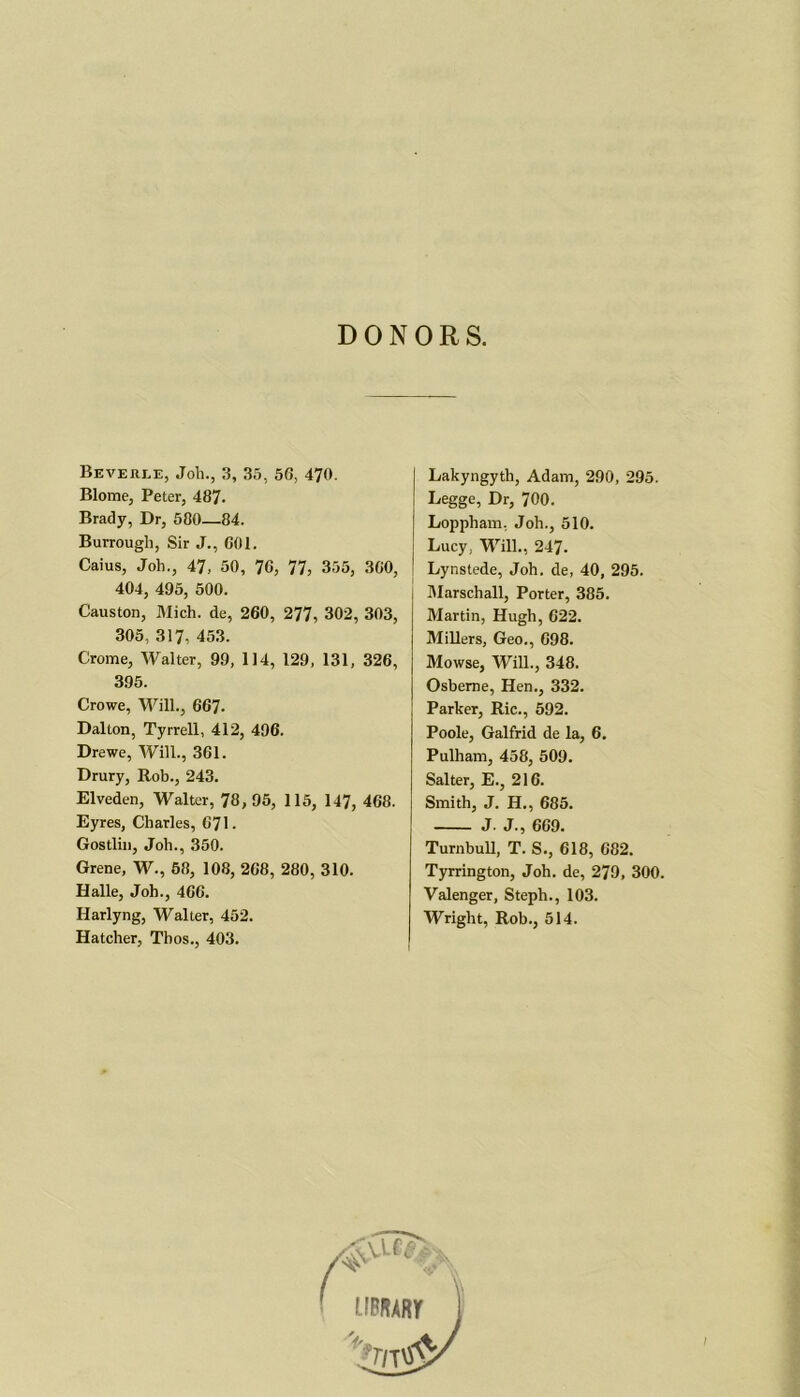 DONORS. Beverle, Job., 3, 35, 56, 470. Blome, Peter, 487. Brady, Dr, 580—84. Burrougli, Sir J., 601. Caius, Job., 47, 50, 76, 77, 355, 300, 404, 495, 500. Causton, Mich, de, 260, 277, 302, 303, 305, 317, 453. Crome, Walter, 99, 114, 129, 131, 326, 395. Crowe, Will., 667. Dalton, Tyrrell, 412, 496. Drewe, Will., 361. Drury, Rob., 243. Elveden, Walter, 78, 95, 115, 147, 468. Eyres, Charles, 671. Gostlin, Job., 350. Grene, W., 58, 108, 268, 280, 310. Halle, Job., 466. Harlyng, Walter, 452. Hatcher, Tbos., 403. Lakyngyth, Adam, 290, 295. Legge, Dr, 700. Loppham, Joh., 510. Lucy, Will., 247. Lynstede, Joh. de, 40, 295. ; Marschall, Porter, 385. Martin, Hugh, 622. Millers, Geo., 698. Mowse, Will., 348. Osbeme, Hen., 332. Parker, Ric., 592. Poole, Galfrid de la, 6. Pulham, 458, 509. Salter, E., 216. Smith, J. H., 685. J. J., 669. Turnbull, T. S., 618, 682. Tyrrington, Joh. de, 279, 300. Valenger, Steph., 103. Wright, Rob., 514.