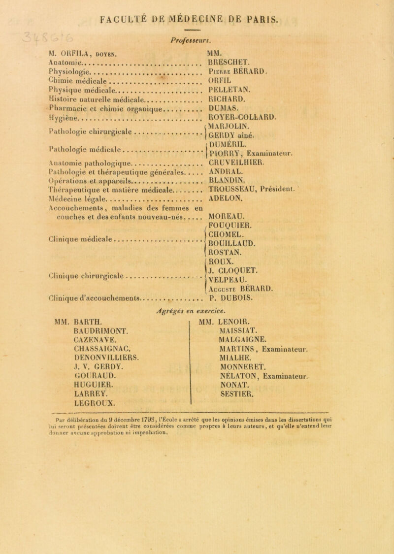 Professeurs. M. ORFILA, DOYEN. Anatomie Physiologie , Chimie médicale Physique médicale Histoire naturelle médicale Pha rmacie et chimie organique Hygiène Pathologie chirurgicale Pathologie médicale Anatomie pathologique Pathologie et thérapeutique générales Opérations et appareils Thérapeutique et matière médicale Médecine légale . .. Accouchements, maladies des femmes en couches et des enfants nouveau-nés MM. BRESCHKT. Pierre BÉRARD. ORF1L PELLETAN. RICHARD. DUMAS. ROYER-COLLARD, i MARJOLIN. (GERDY aîné, t DUMÉRIL. jPlORRY, Examinateur. CRUVE1LH1ER. ANDRAL. BLANDIN. TROUSSEAU, Président. ADELON. MOREAU. Clinique médicale Clinique chirurgicale Clinique d’accouchements I FOUQUIER. CHOMEL. BOU1LLAUD. ROSTAN. / ROUX. J. CLOOUET. VELPEAU. ! Auguste BÉRARD. ' P. DUBOIS. MM. BARTH. BAUDRIMONT. CAZENAVE. CHASSAIGNAC. DENONVJLLIERS. •J. V. GERDY. GOURAUD. HUGUIER. LARREY. LEGROUX. Agrégés en exercice. MM. LENOIR. MA ISS IAT. MALGAIGNE. MARI INS, Examinateur. M1ALHE. MONNERET. NÉLATON, Examinateur. NONAT. SEST1ER. Par délibération du 9 décembre 1793, l’Ecole a arrêté que les opinions émises daus les dissertations qni lui seront présentées doivent être considérées comme propres à leurs auteurs, et qu’elle n’entend leur donner aucune approbation ni improbation.