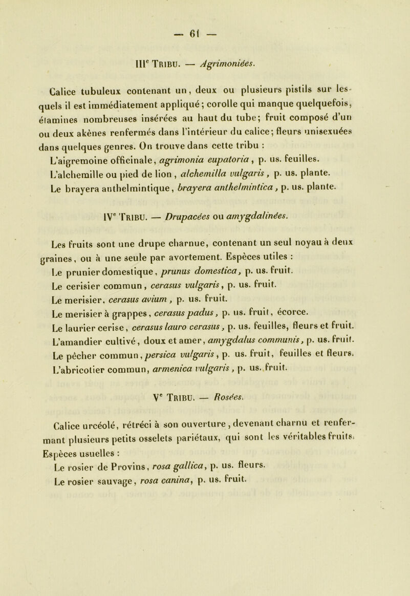 — fil IIIe TRIBU. — Agrimoniées. Calice tubuleux contenant un, deux ou plusieurs pistils sur les- quels il est immédiatement appliqué ; corolle qui manque quelquefois, élamines nombreuses insérées au haut du tube; fruit composé d’un ou deux akènes renfermés dans l’intérieur du calice; fleurs unisexuées dans quelques genres. On trouve dans cette tribu : L’aigremoine officinale, agrimonia eupatoria, p. us. feuilles. L’alchemille ou pied de lion , alcliemilla vulgaris , p. us. plante. Le brayera authelmintique, brayera anthe/mintica, p. us. plante. IVe TRIBU. — Drupacées ou amygdalinées. Les fruits sont une drupe charnue, contenant un seul noyau à deux graines, ou à une seule par avortement. Espèces utiles : Le prunier domestique, prunus domestica, p. us. fruit. Le cerisier commun, cerasus vulgaris, p. us. fruit. Le merisier, cerasus avium , p. us. fruit. Le merisier à grappes, cerasus padus, p. us. fruit, écorce. Le laurier cerise, cerasus lauro cerasus, p. us. feuilles, fleurs et fruit. L’amandier cultivé, doux et amer, amygda/us commuais, p. us. fruit. Le pêcher communierai vulgaris, p. us. fruit, feuilles et fleurs. L’abricotier commun, armenica vulgaris, p. us. fruit. Ve TRIBU. — Rosées. Calice urcéolé, rétréci à son ouverture , devenant charnu et renfer- mant plusieurs petits osselets pariétaux, qui sont les véritables fruits* Espèces usuelles : Le rosier de Provins, rosagallica, p. us. fleurs. Le rosier sauvage, rosa canina, p. us. fruit.