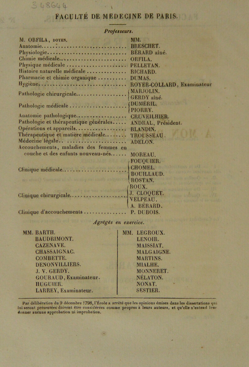 FACULTÉ DE MEDECINE DE PARIS. Professeurs. M. OR FILA, doyen. Anatomie I Physiologie Chimie médicale... Physique médicale Histoire naturelle médicale Pharmacie et chimie organique Hygiène. Pathologie chirurgicale Pathologie médicale Anatomie pathologique Pathologie et thérapeutique générales Opérations et appareils Thérapeutique et matière médicale.. ...... Médecine légale Accouchements, maladies des femmes en MM. BRESCHET. BÉRARD aîné. O R FILA. PELLETAN. RICHARD. DUMAS. ROYER-COLLARD, Exammateui ( MARJOLIN. | GERDY aîné. (DUMÉRIL. j PIORRY. CRUVEILH1ER. ANDRAL, Président. BLANDIN. TROUSSEAU. ADELON. couche et des enfants nouveau-nés Clinique médicale Clinique chirurgicale, Clinique d’accouchements • MOREAU. /FOUQUIER. CHOMEL. * BOU1LLAUD. ROSTAN. / ROUX. J. CLOQUET. 'VELPEAU. \ A. BÉRARD. . P. DUBOIS. Agrégés en exercice. MM. BARTH. BAUDRJMONT. CAZENAVE. CHASSA1GNAC. COM BETTE. DENONV1LLIERS. J. V. GERDY. GOURAUD, Examinateur. H U GU 1ER. LARREY, Examinateur. MM. LEGROUX. LENOIR. MAISSIAT. MALGAIGNE. MARTI NS. MIALHE. MONNERET. NÉLATON. NONAT. SESTIER. Par délibération du 9 décembre 1798, l’École a arrêté que les opinions émises dans les dissertations qrn lui seront présentées doivent être considérées comme propres à leurs anteurs, et qu’elle n’entend leur donner aucune approbation ni improbation.